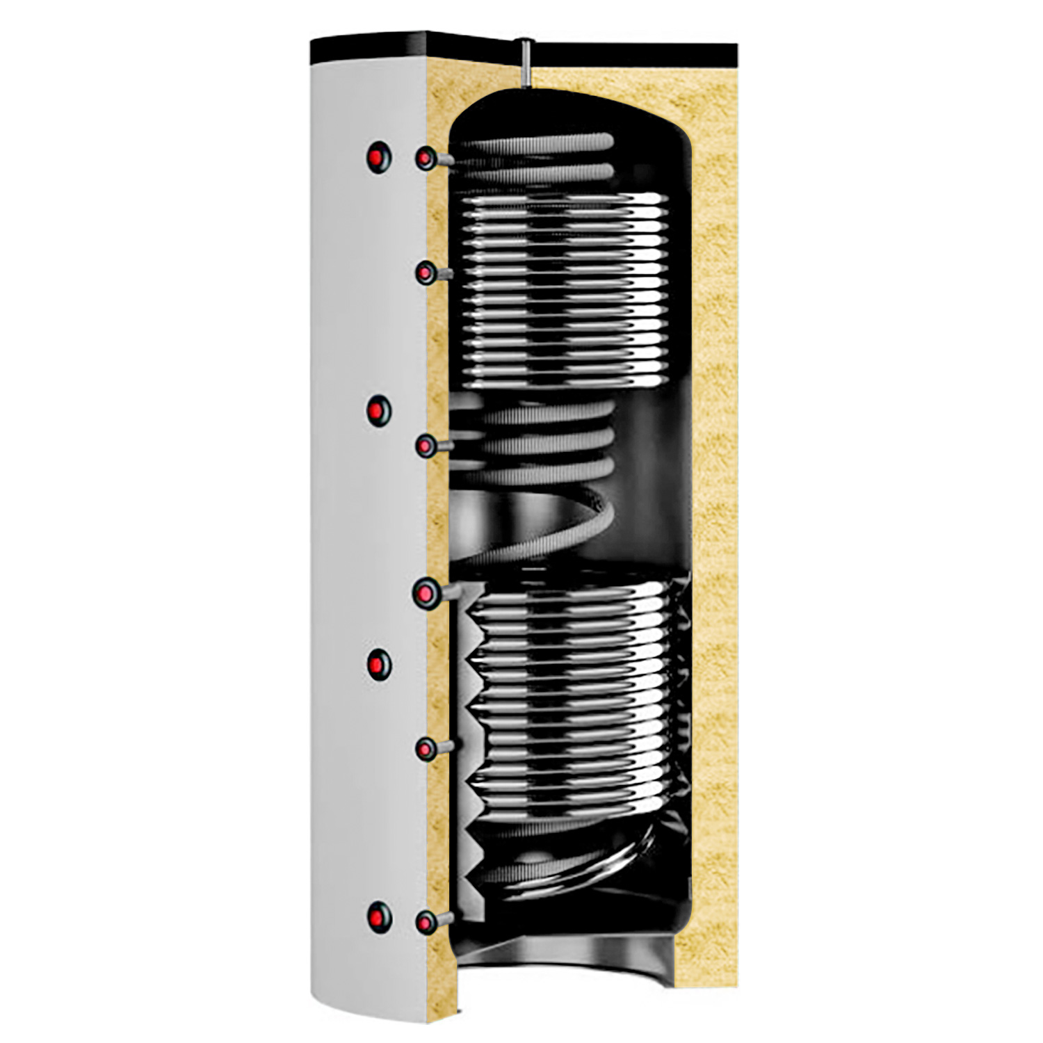 Réservoir de stockage hygiénique Termoventiler Laddotank HSK 3 1000 (944 litres) avec 2 échangeurs de chaleur solaires. Réservoir de stockage hygiénique Termoventiler Laddotank HSK 3 1000 (944 litres) avec 2 échangeurs de chaleur solaires.