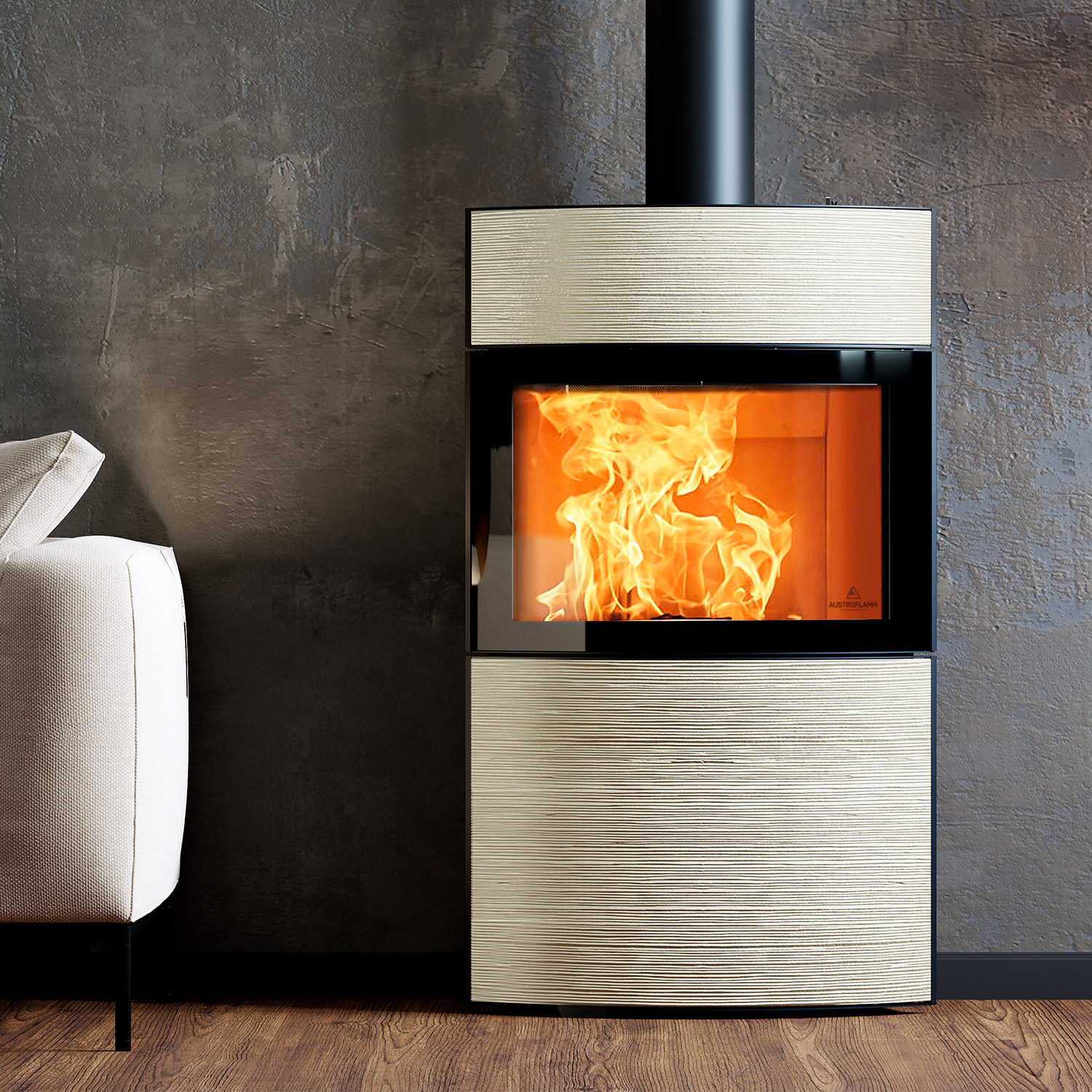 Austroflamm Fynn Xtra 2.0 poêle à bois acier noir/ revêtement céramique rainure Monstein 100