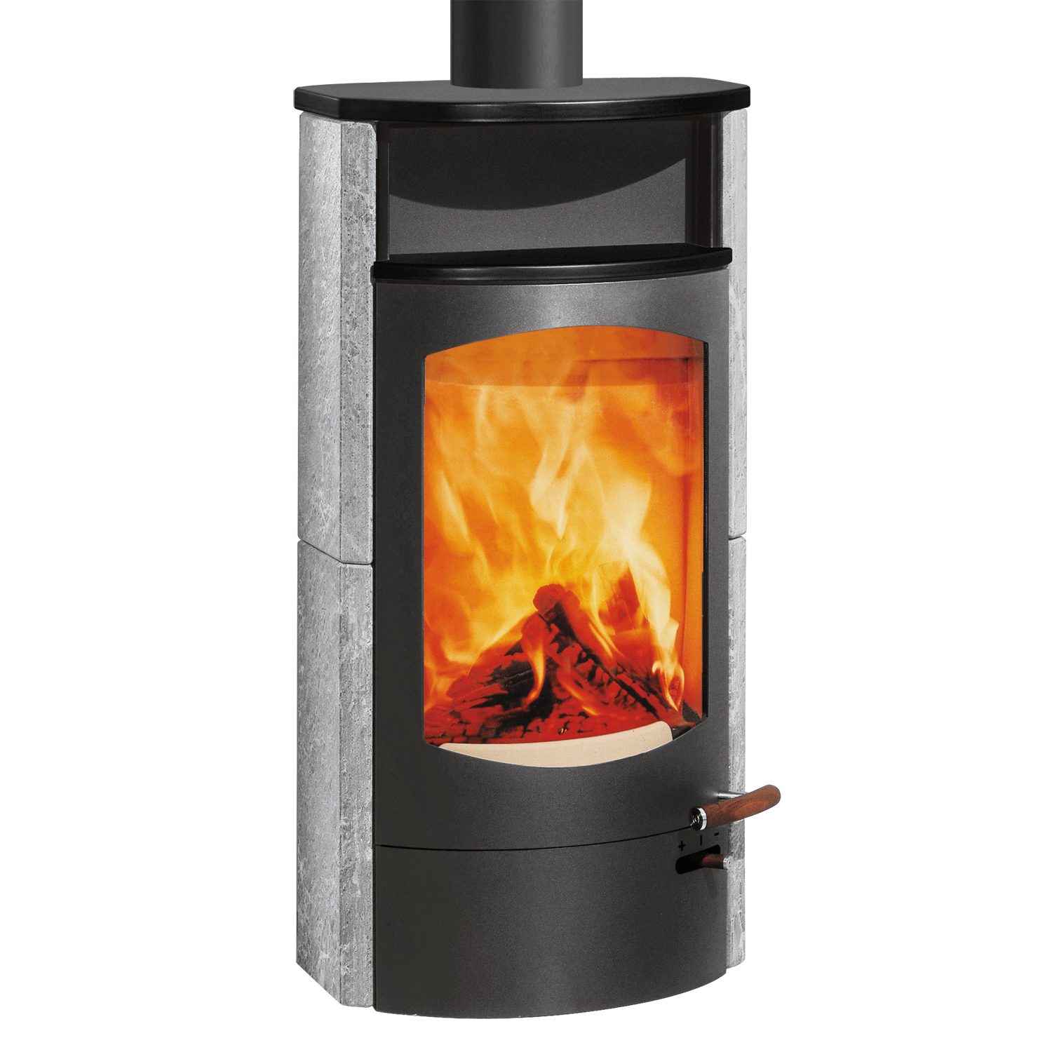 Austroflamm Koko 2.0 Poêle à bois en pierre ollaire, compartiment de maintien au chaud en céramique noir mat, plaque supérieure en céramique noir mat, sortie de fumée par le haut