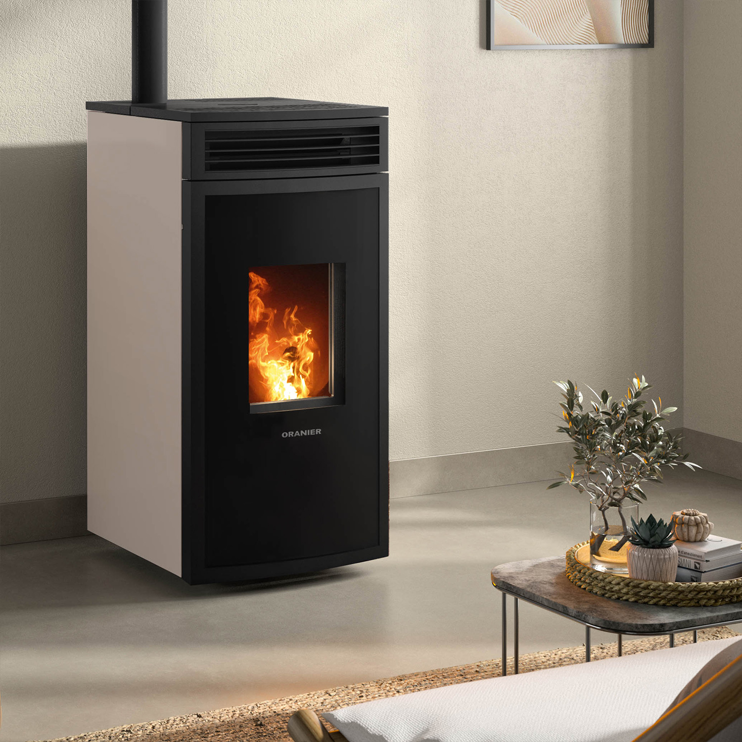 Oranier poêle à bois Neta Taupe raccordement tuyaux en haut