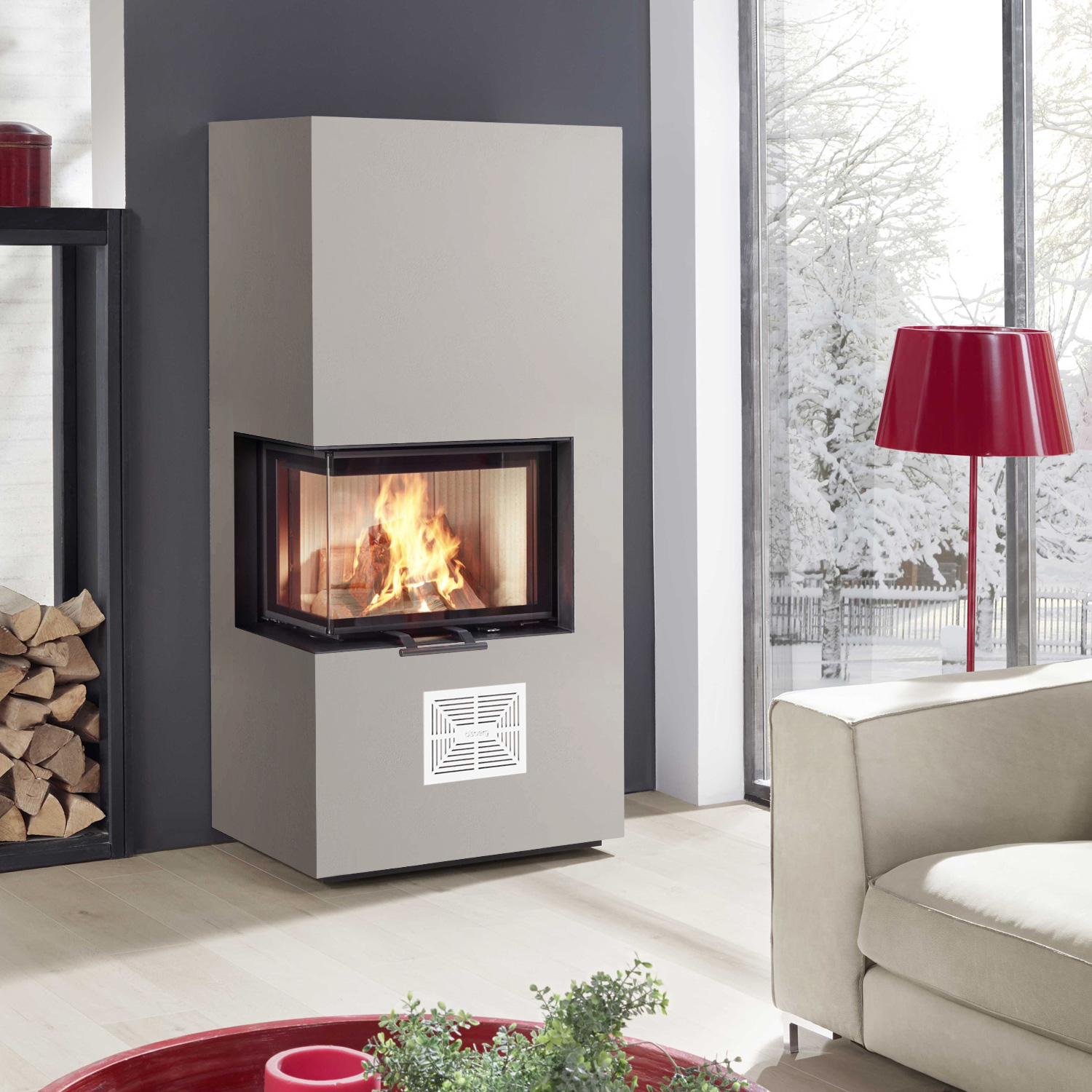 Olsberg Osorno L Poêle à bois Plaque de construction de cheminée droite avec cadre d'enduit et grille d'aération blanche