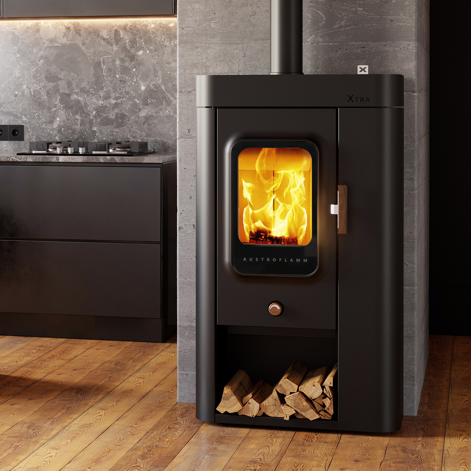 Poêle à bois Austroflamm Sina Xtra en acier gris fonte Poêle à bois Austroflamm Sina Xtra en acier gris fonte