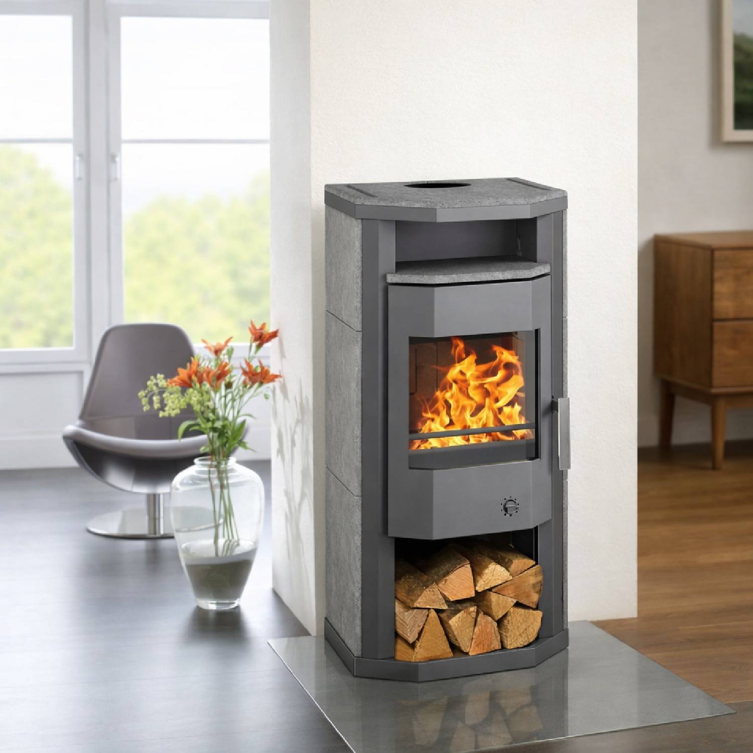Wamsler poêle à bois « Thyra » pierre naturelle grise avec feu continu/automatique