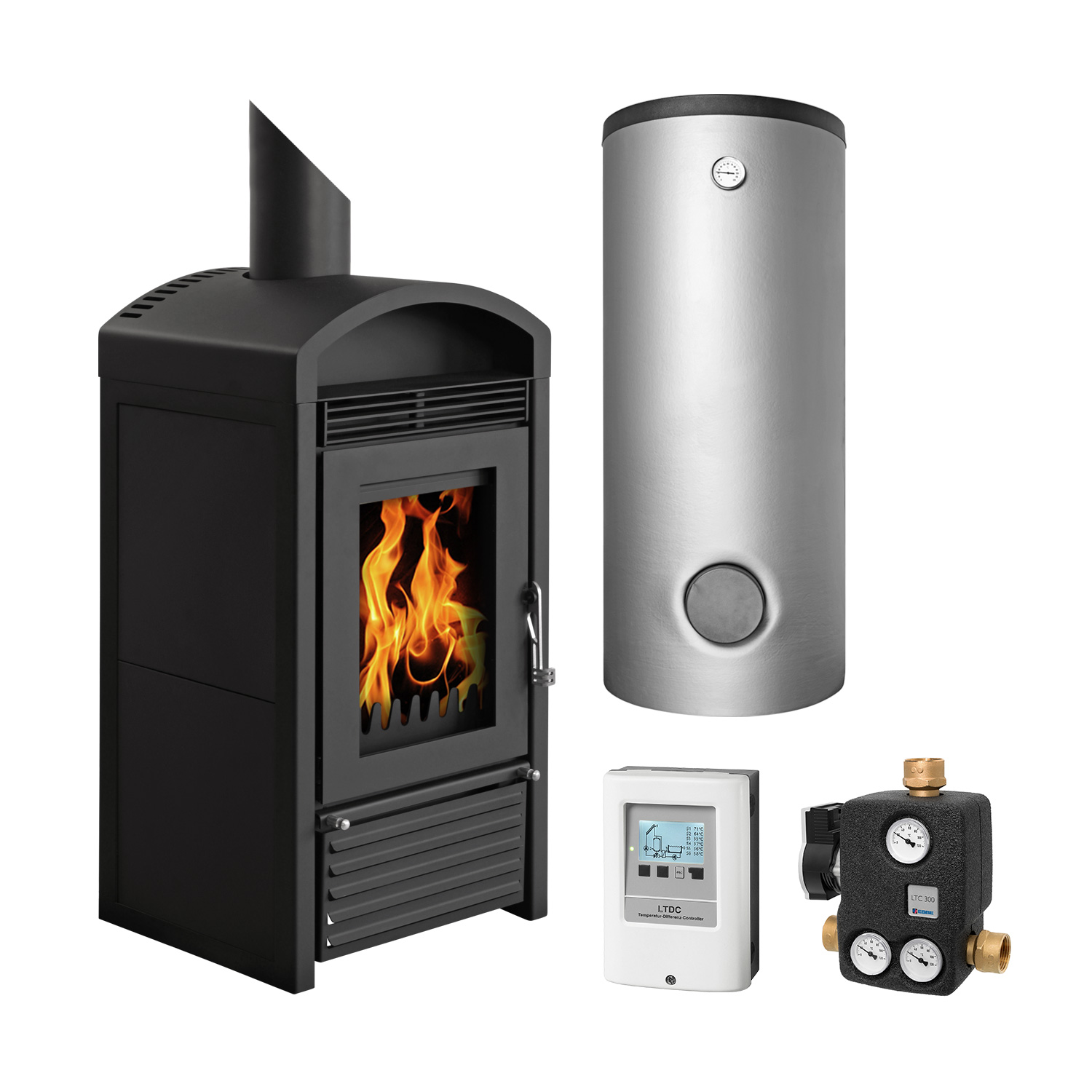 Schmitzker Marbella Mini Acier Noir Poêle à bois avec échangeur d'eau - Ensemble complet avec réservoir tampon TPSR 300L + 1 SWT, y compris l'isolation. Schmitzker Marbella Mini Acier Noir Poêle à bois avec échangeur d'eau - Ensemble complet avec réservoir tampon TPSR 300L + 1 SWT, y compris l'isolation.