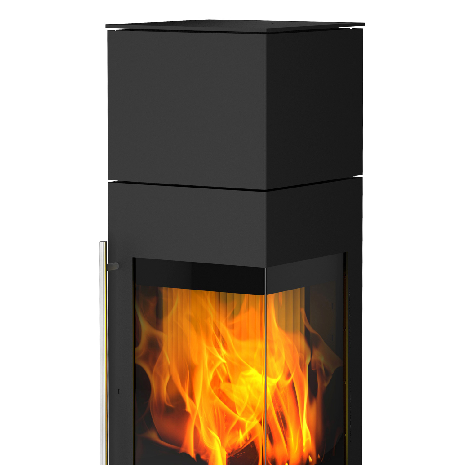 Poêle à bois Olsberg Ipala Smart Compact en acier noir, ouverture de porte à droite, porte en acier avec module d'accumulation.