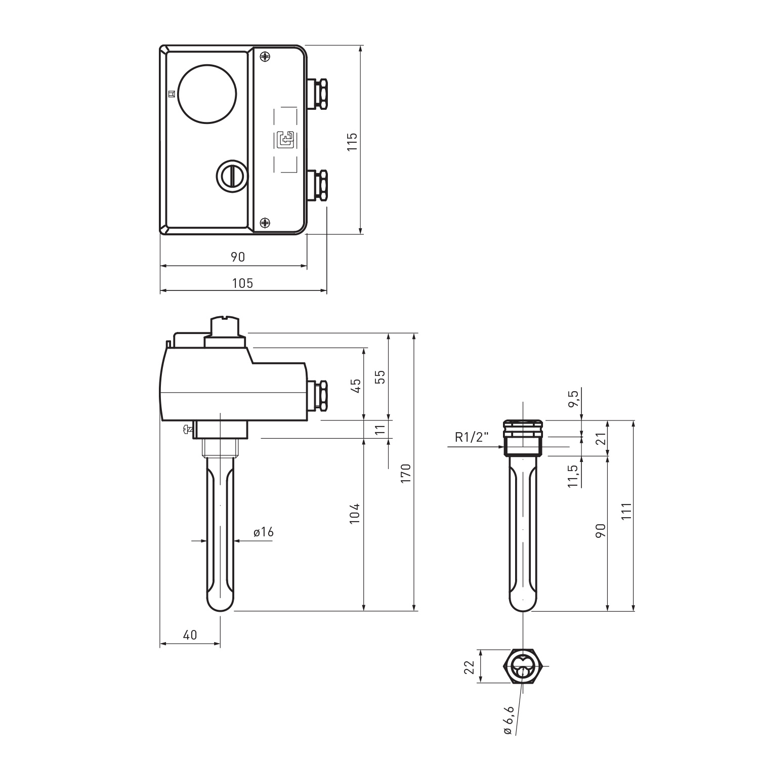 Résistance de chauffage à visser / Cartouche chauffante ESH 9.00 - 9 kW - 680 mm incl. thermostat