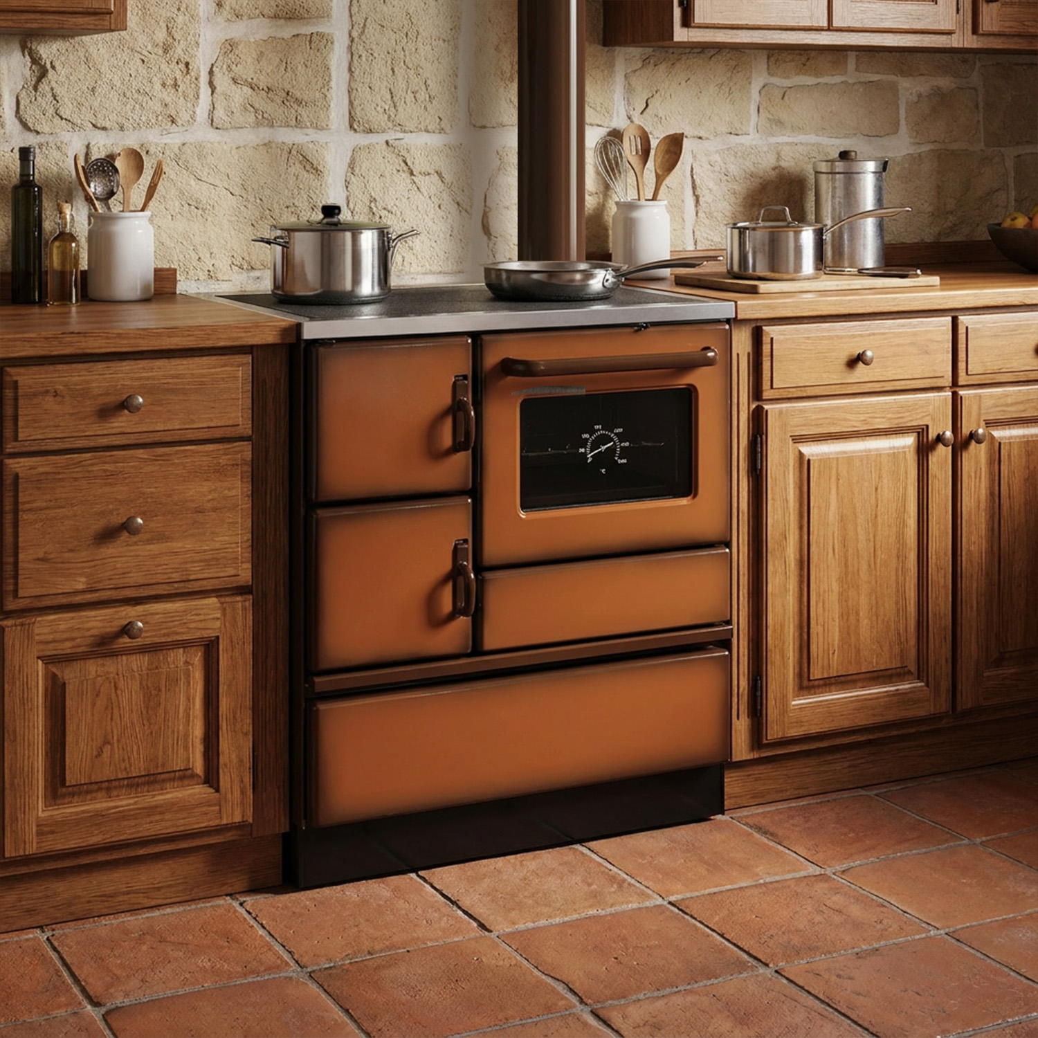 Wamsler K 128 Cuisinière à bois à droite marron avec plaque vitrocéramique raccordement par le haut