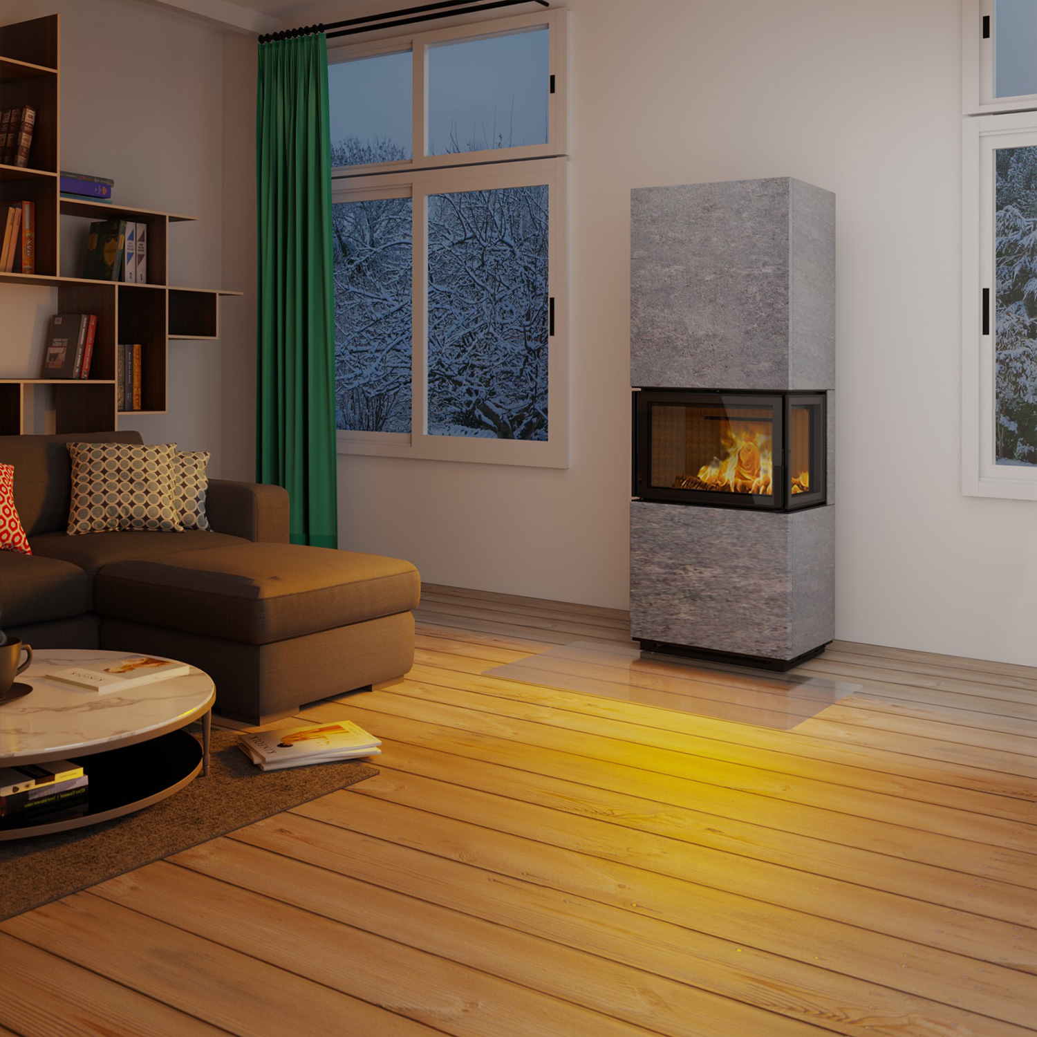 Poêle à bois Lotus Visto R en stéatite, vitre latérale à droite, évacuation des fumées par le haut