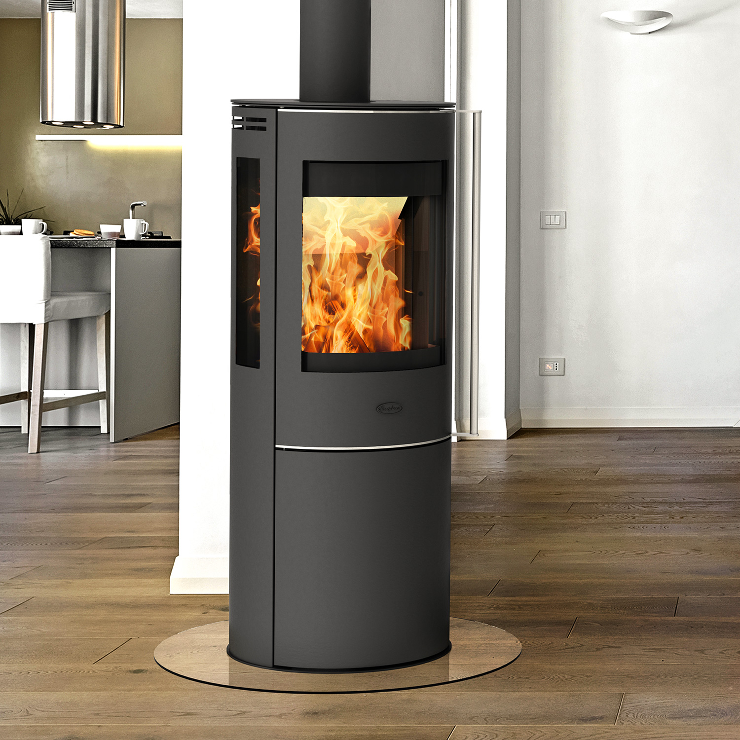 Fireplace Elite Magnolia poêle à bois en acier noir avec plaque de recouvrement en verre.