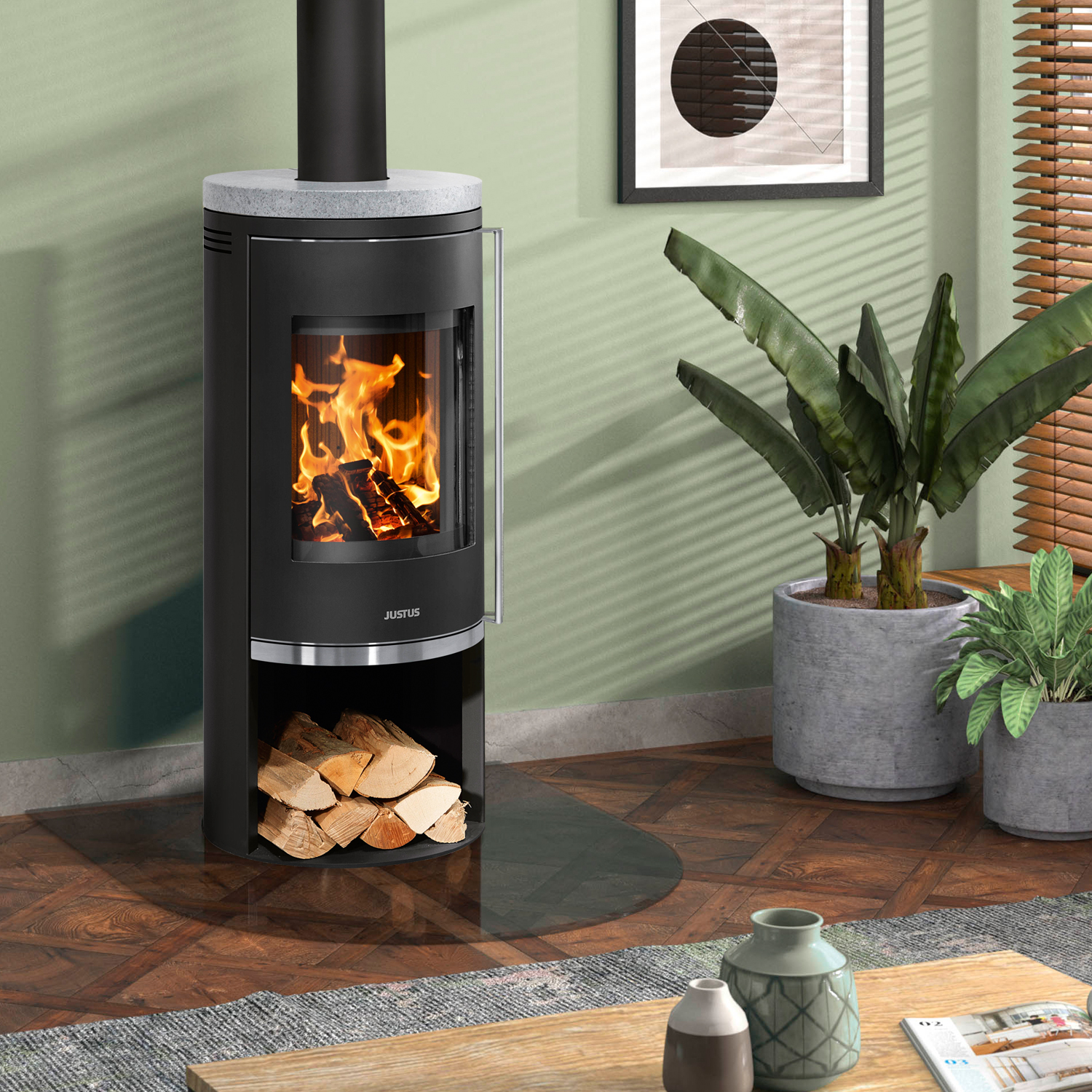 Justus Faro 2.0 Poêle à bois en acier noir avec plaque de recouvrement en stéatite.