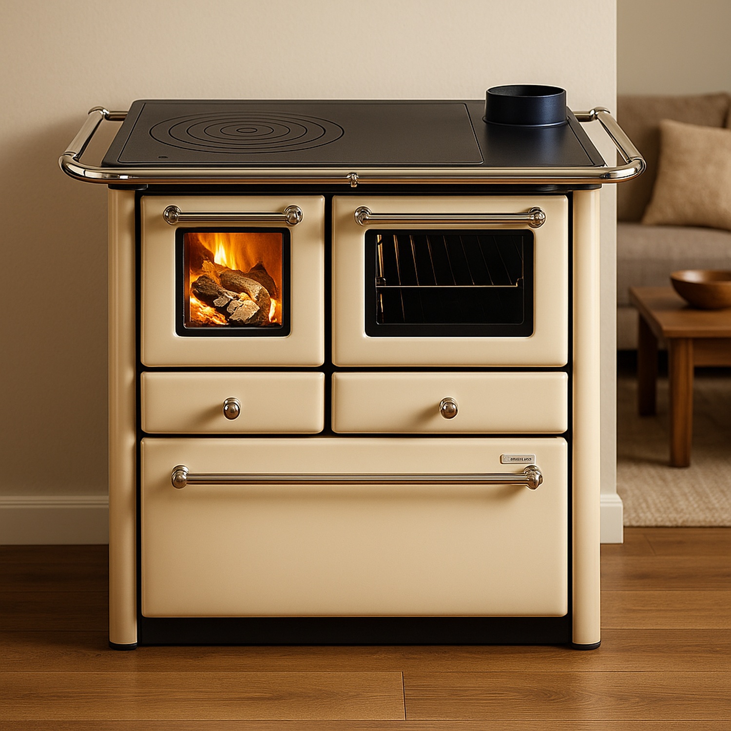 Westminster cuisinière à bois K 85 F II Cappuccino raccordement tuyaux droit