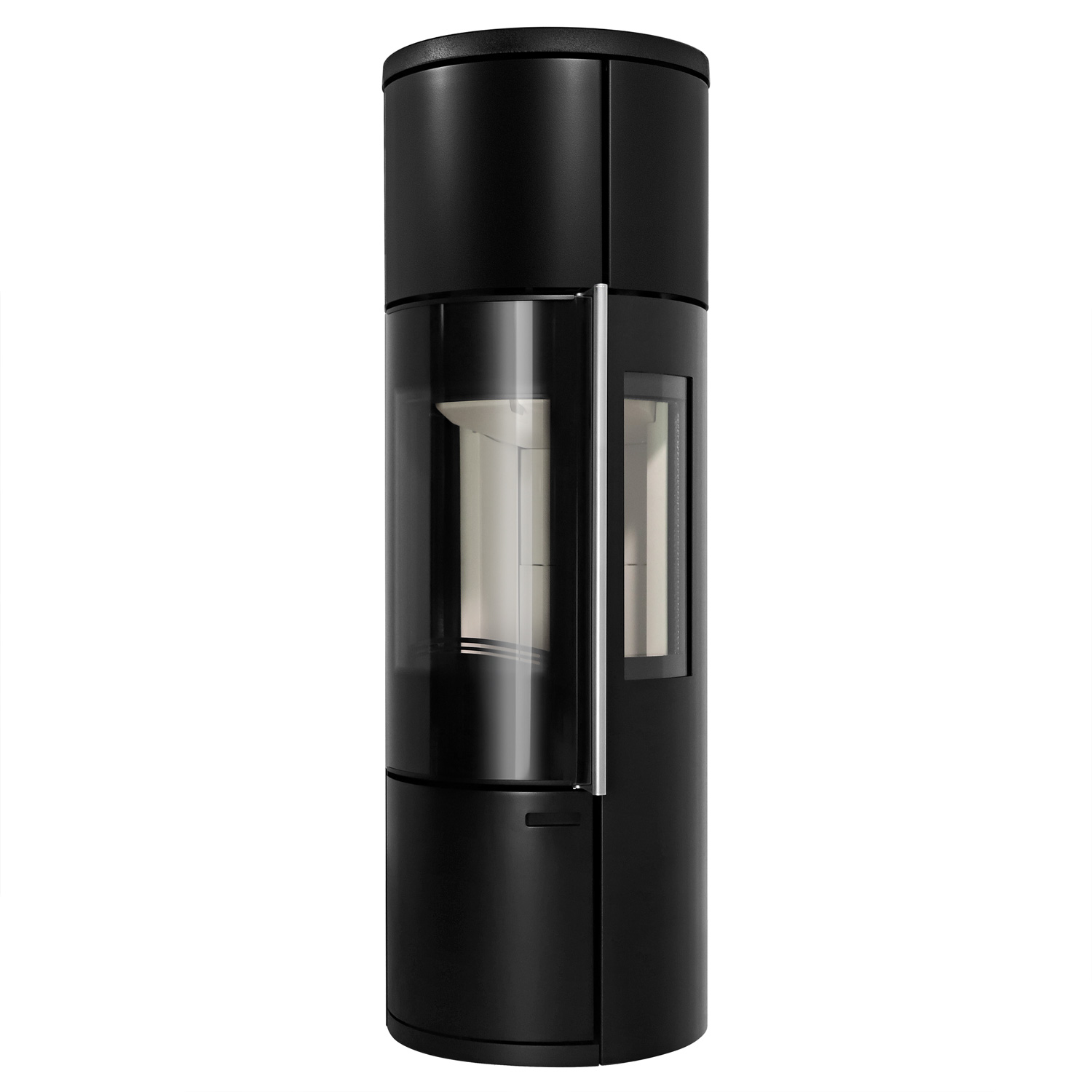 Schmitzker Fisterra Vista Heat poêle à bois en acier noir, avec vitrage sur trois côtés.