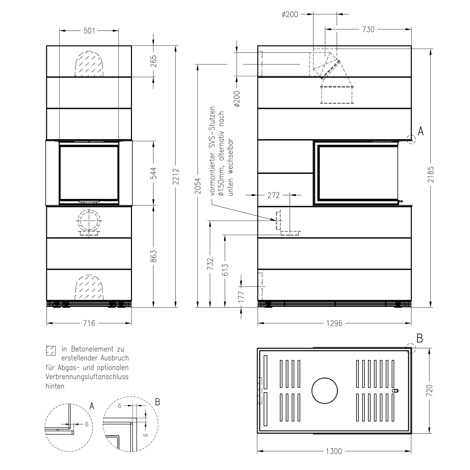Spartherm Kit de cheminée SIM 3/3/Arte U-70h-4S Béton fin