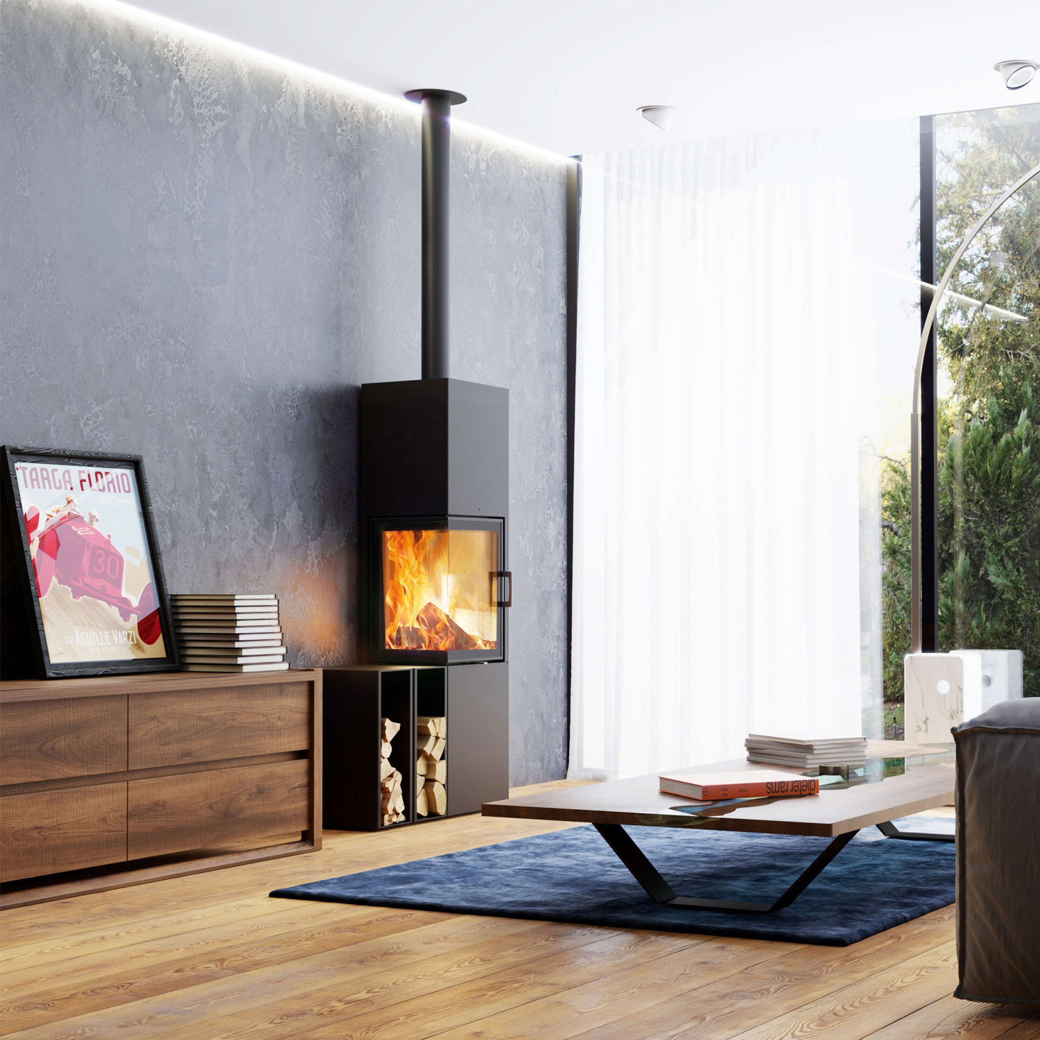 Austroflamm Slim 3.0 poêle à bois acier gris fonte, porte à gauche, raccordement tuyaux en haut ou à l'arrière, apport d'air de combustion externe