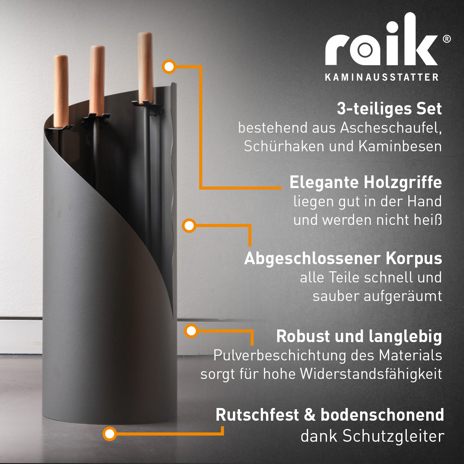 Raik Ensemble d'outils de cheminée avec poignée en bois, 3 pièces, gris + Allume-feu bio RITZ