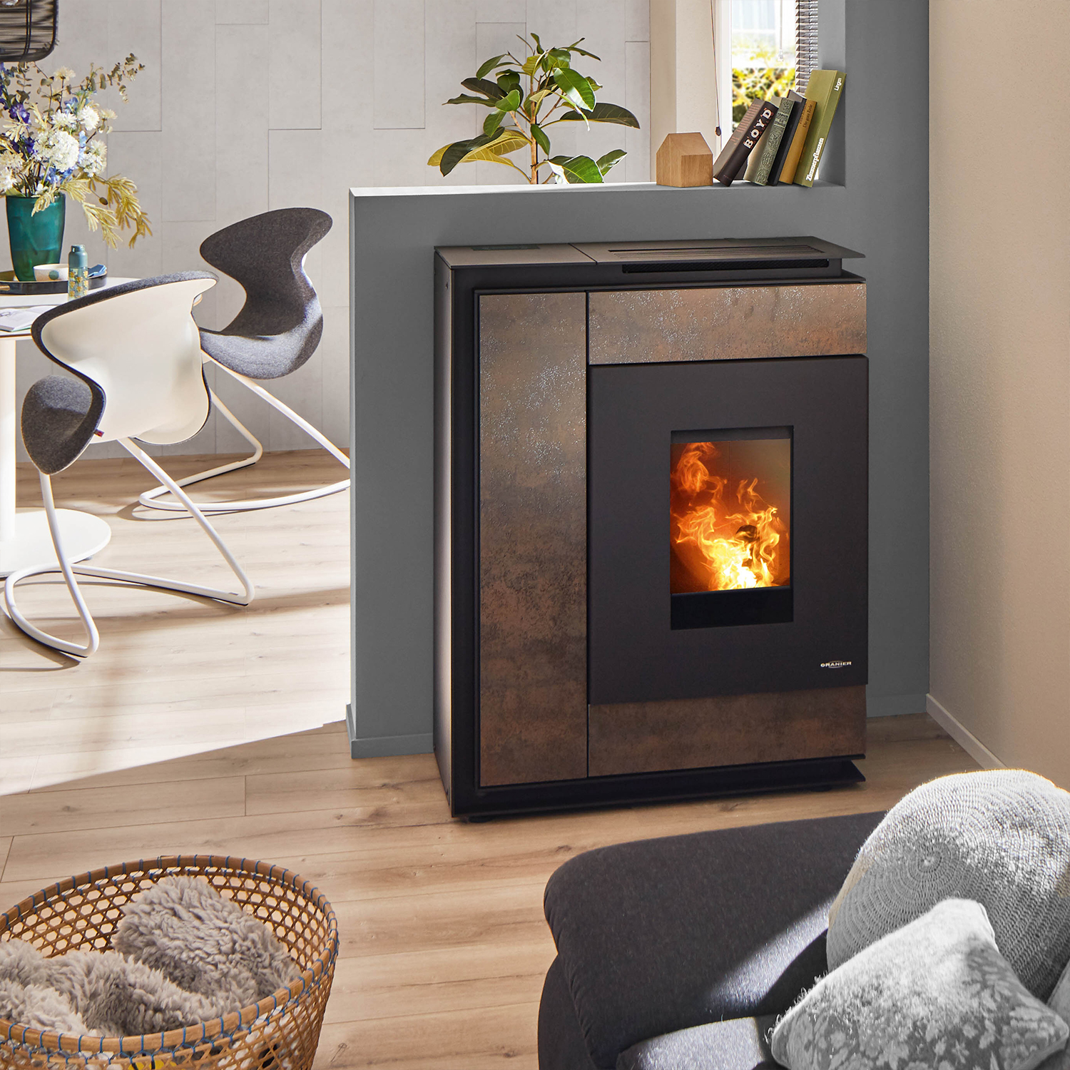 Oranier Boreas II poêle à granulés acier noir / pierre frittée Korten, raccordement tuyaux arrière