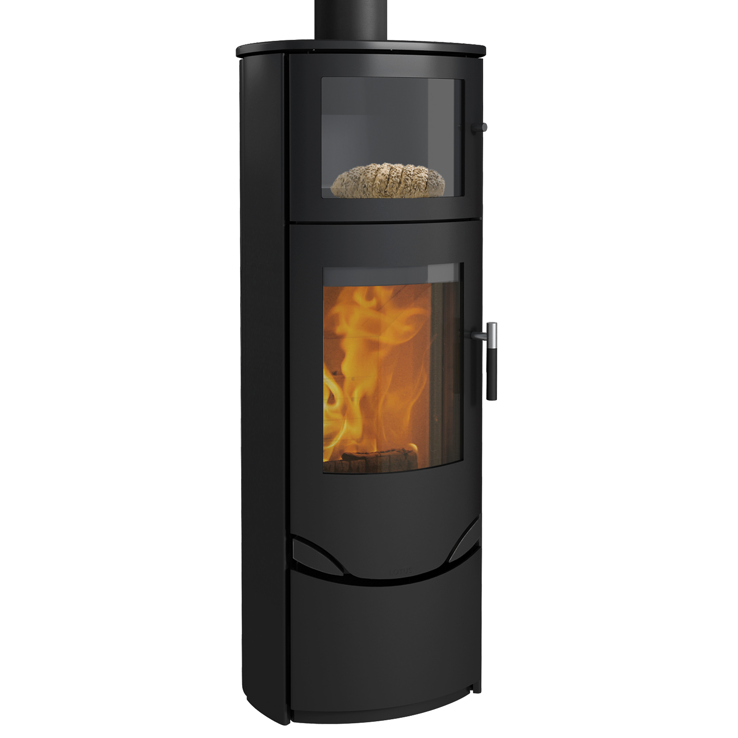 Poêle à bois Lotus Prio 7 Noir avec compartiment de cuisson, évacuation des fumées par le haut.