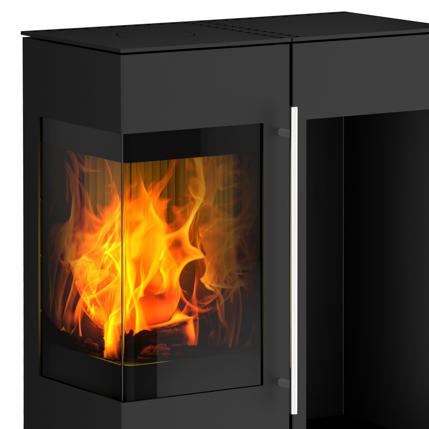 Olsberg Ipala Smart Compact poêle à bois en acier noir, charnière de porte à gauche, porte en acier avec étagère en bois à droite