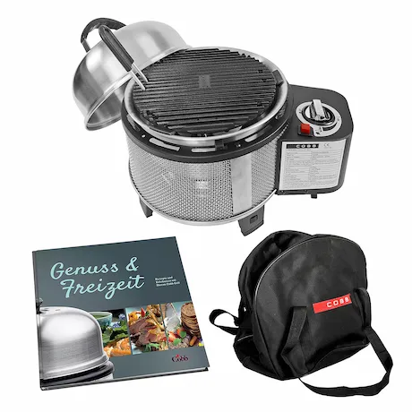 Cobb Premiere Gas-Edelstahlgrill im Set mit Kochbuch und Tasche Runder Cobb Gas-Edelstahlgrill mit Kochbuch und Tasche