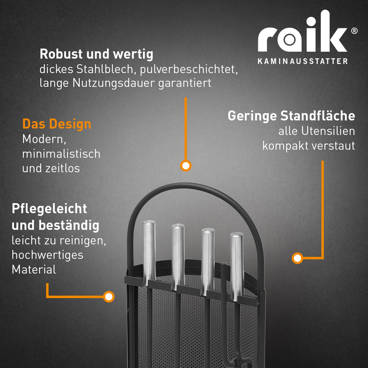 Ensemble d'accessoires de cheminée Albert, 4 pièces, noir, poignées en acier inoxydable, 66 cm