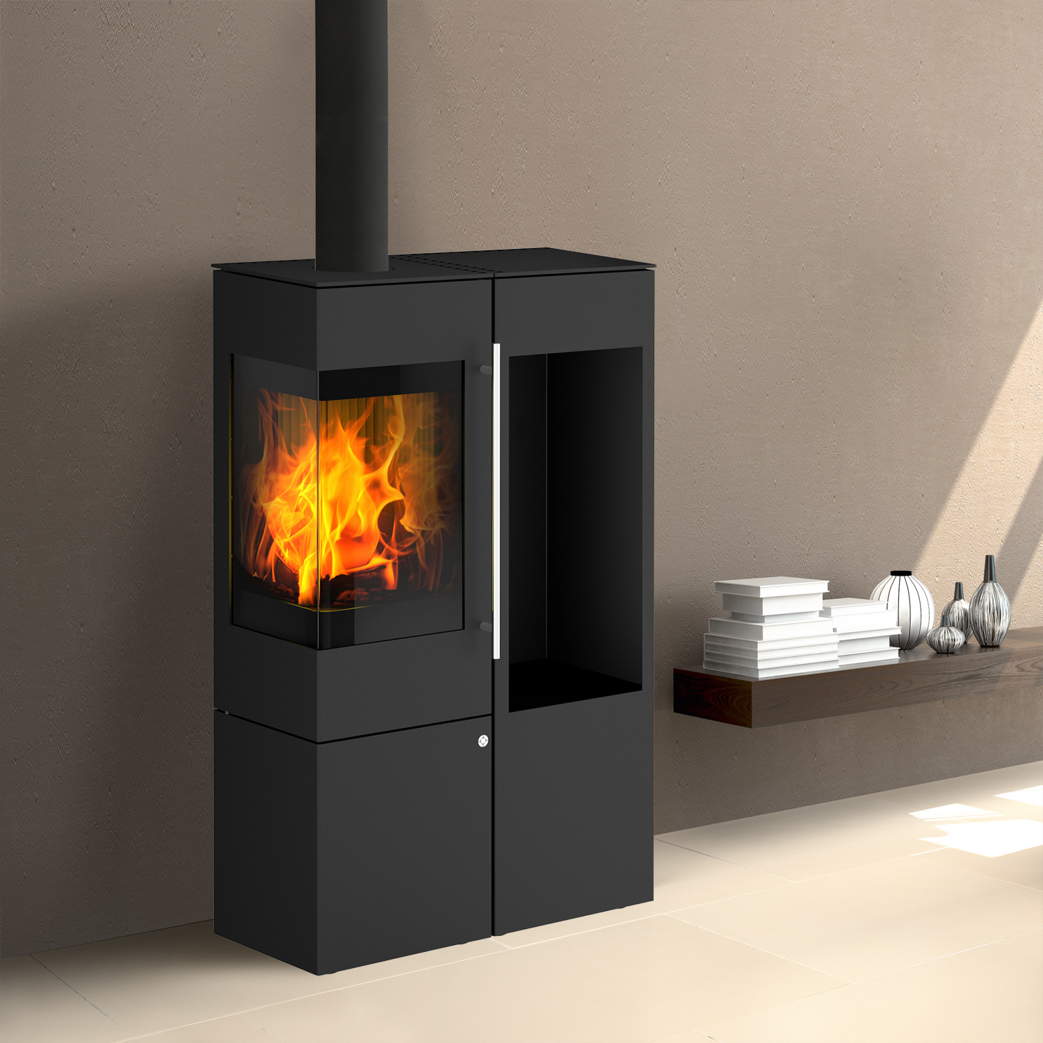 Olsberg Ipala Smart Compact poêle à bois en acier noir, charnière de porte à gauche, porte en acier avec étagère en bois à droite