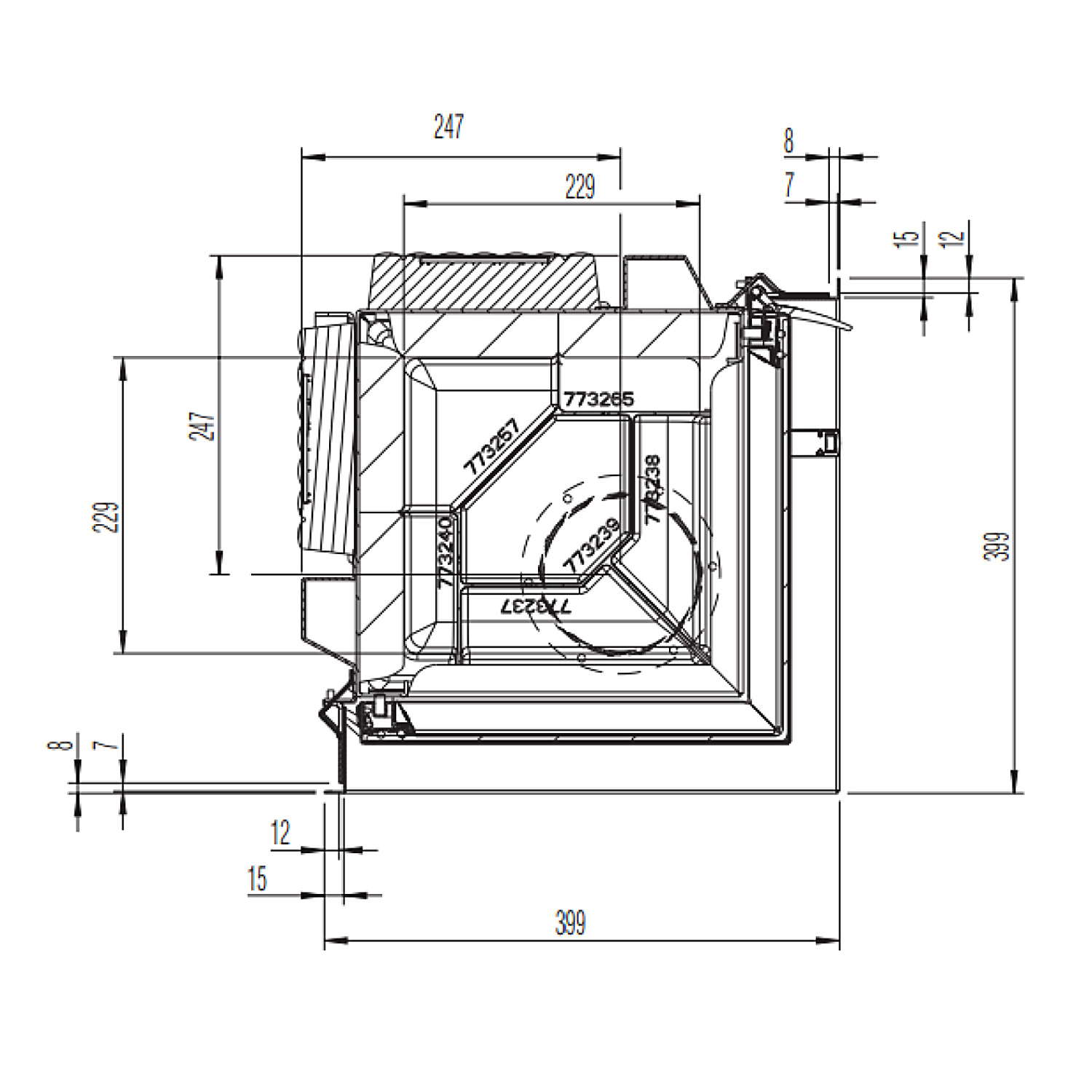 Austroflamm 38x38x57 K 2.0 Insert de cheminée angle gauche