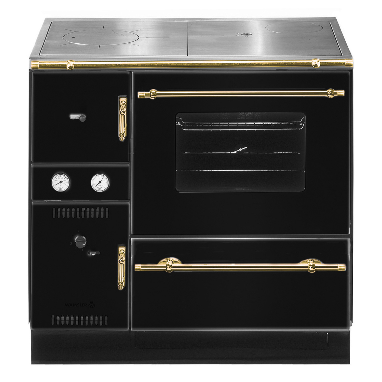 Wamsler K 148 CL poêle à bois avec conduit d'eau Noir / Or, conduit de fumée à droite