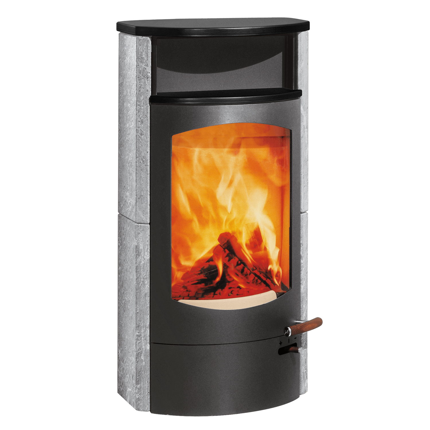 Austroflamm Koko 2.0 Poêle à bois en pierre ollaire, compartiment de maintien au chaud en céramique noir mat, plaque supérieure en céramique noir mat, sortie de fumée arrière