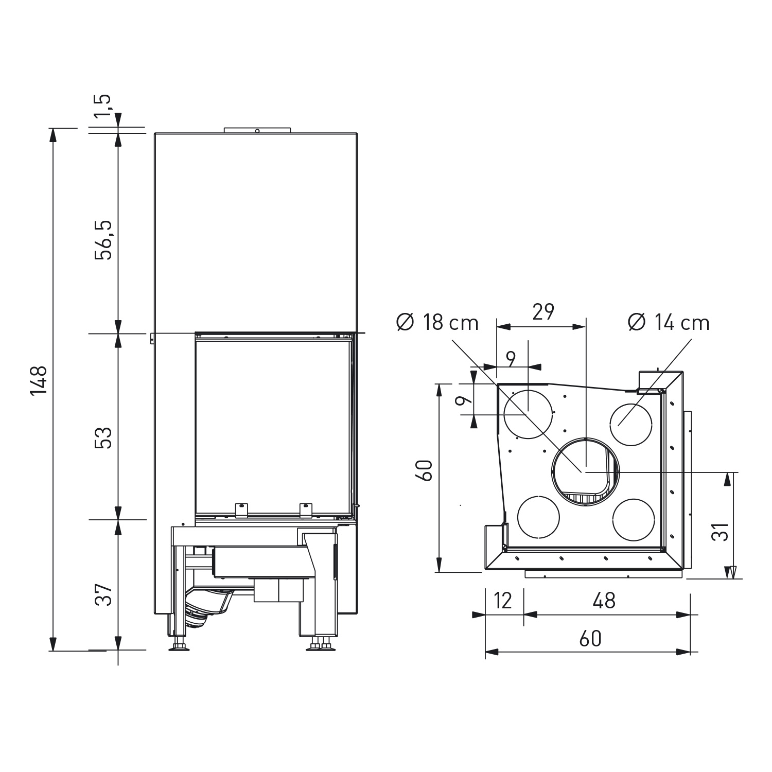 Edilkamin Windo2 50 insert de cheminée d'angle avec ventilation par soufflerie