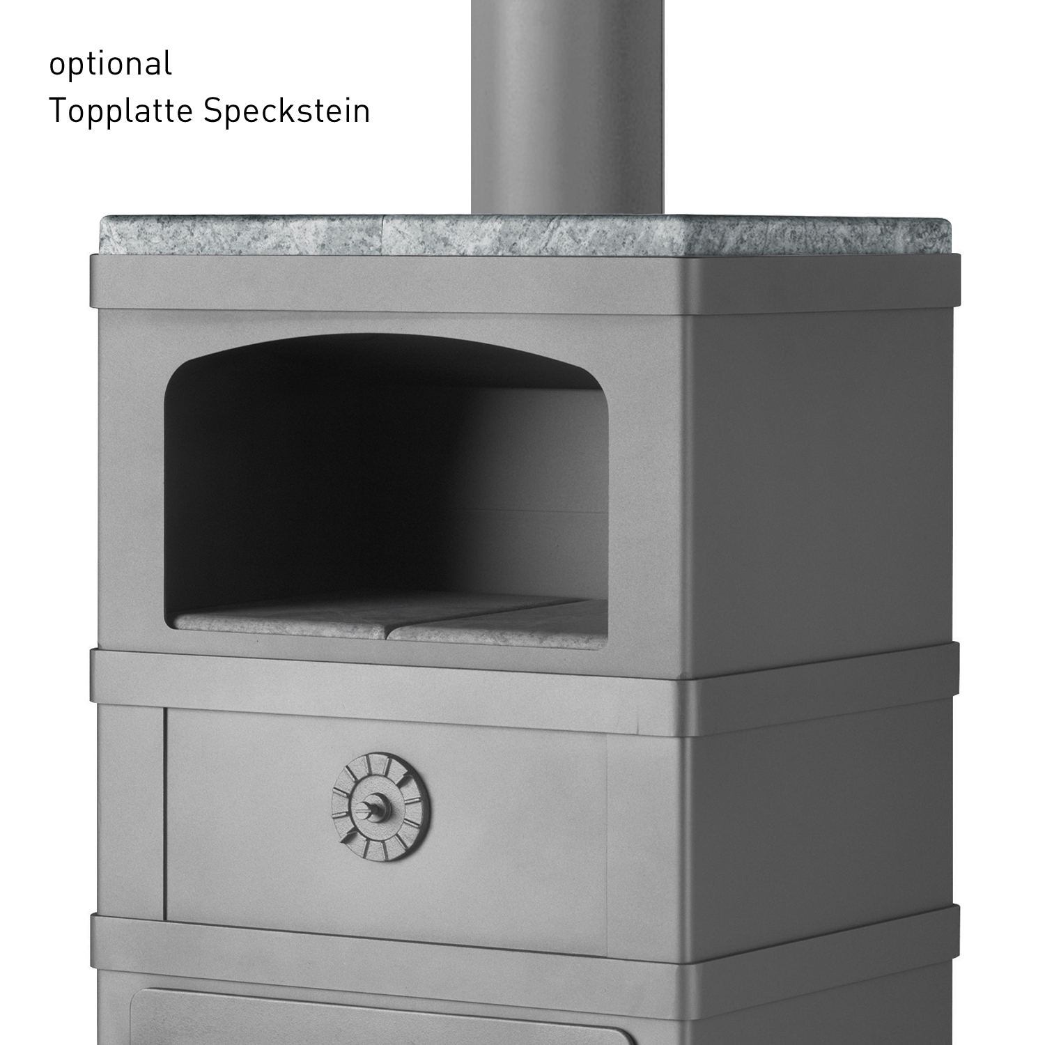 Poêle à bois Lotus 2060 avec compartiment de maintien au chaud, gris, évacuation des fumées par le haut.