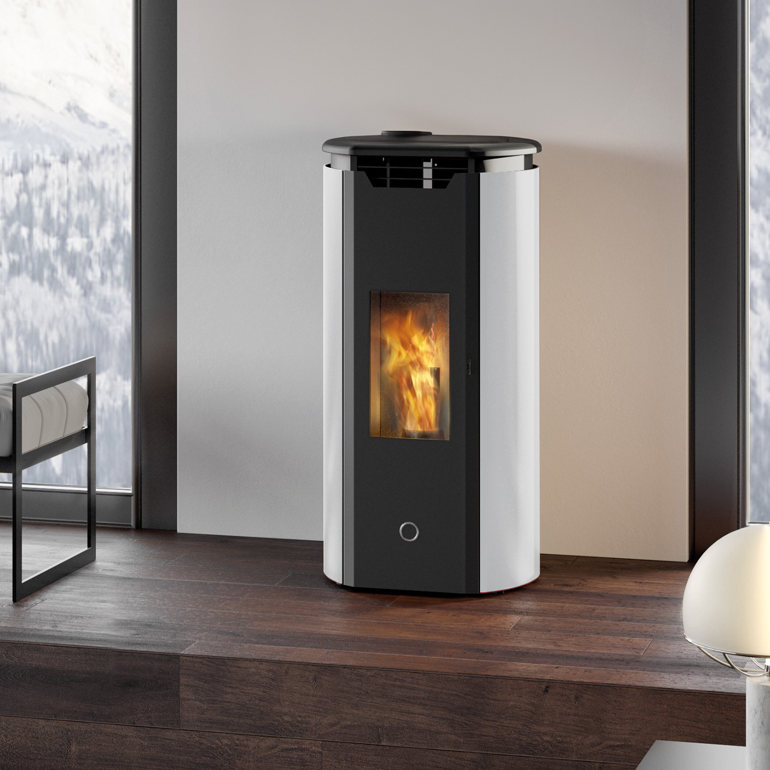 EK63 Tweed90+ poêle à granulés acier blanc raccordement tuyaux arrière