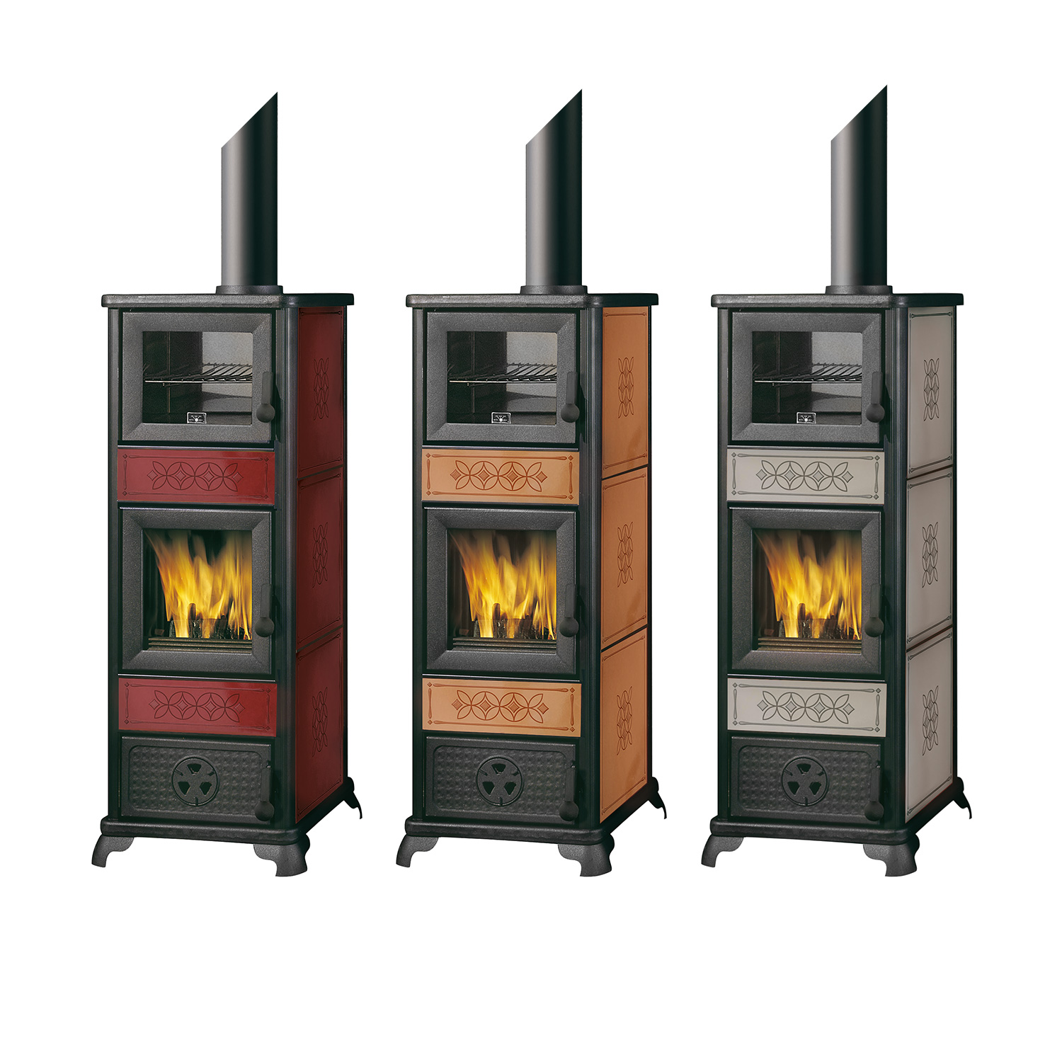 EK63 Decor C poêle à bois céramique bordeaux tuyau de fumée dessus