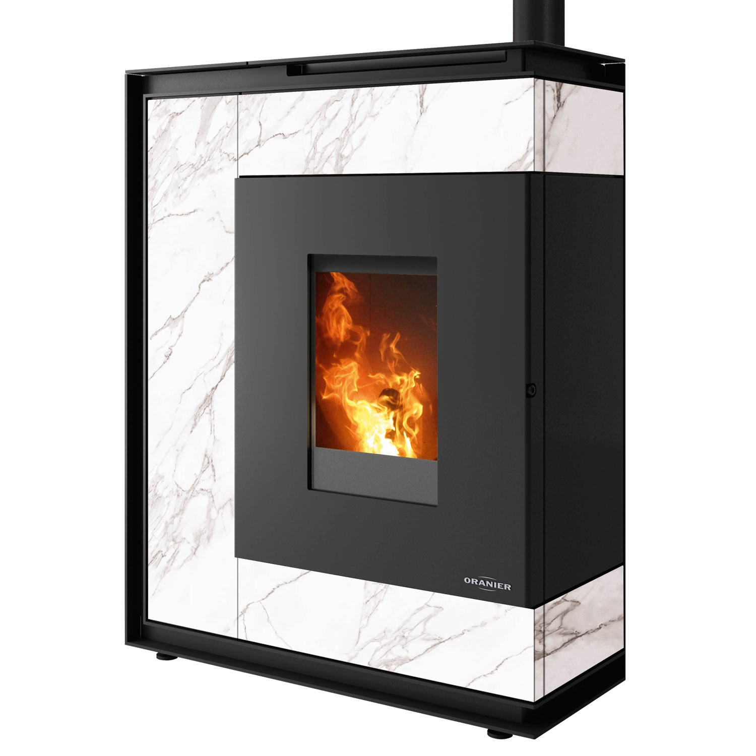 Oranier Boreas II poêle à granulés acier noir / pierre frittée marbre blanc, tuyau de fumée en haut