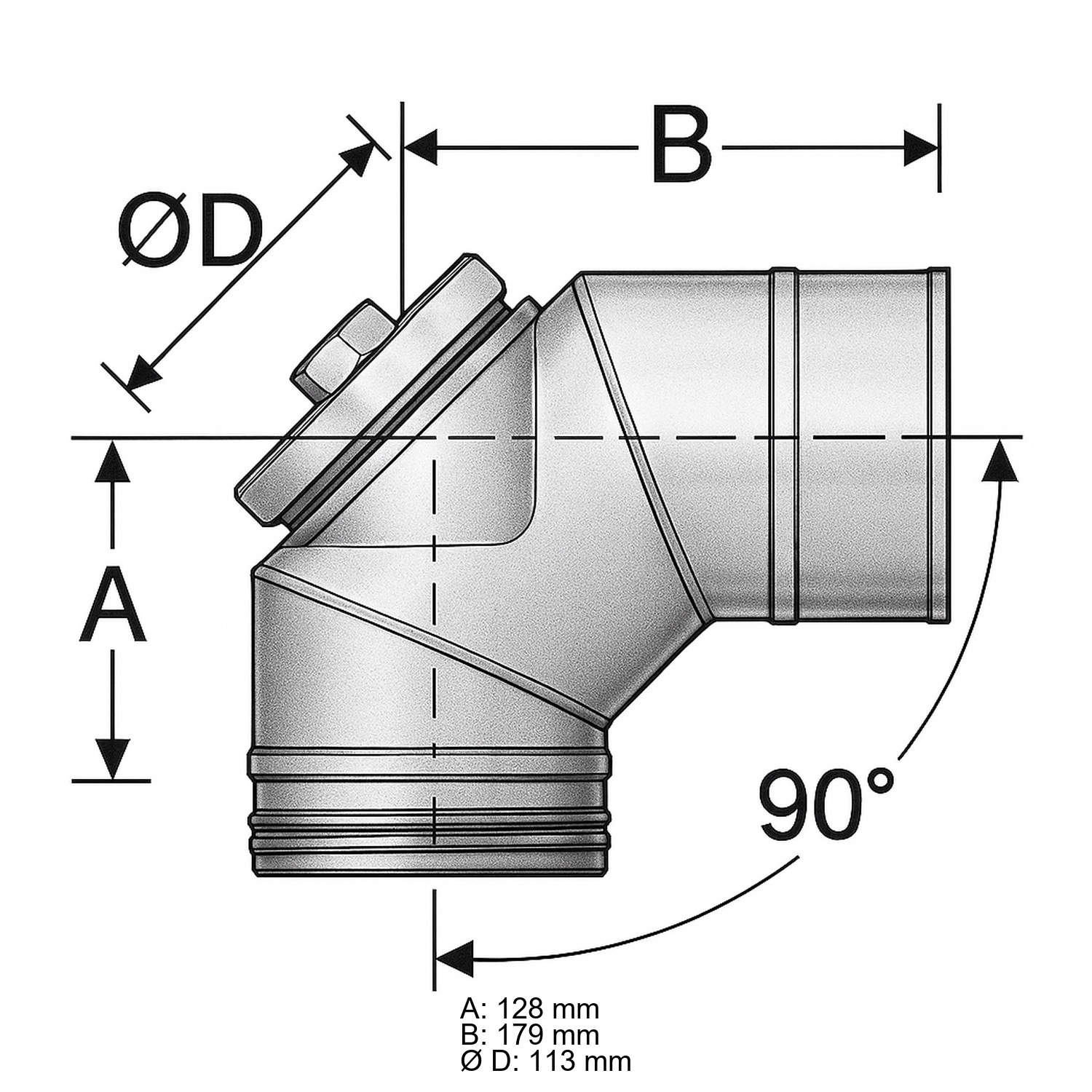 Schiedel PRIMA PLUS coude 90° Ø113 mm avec fermeture de révision pour huile/gaz simple paroi mat