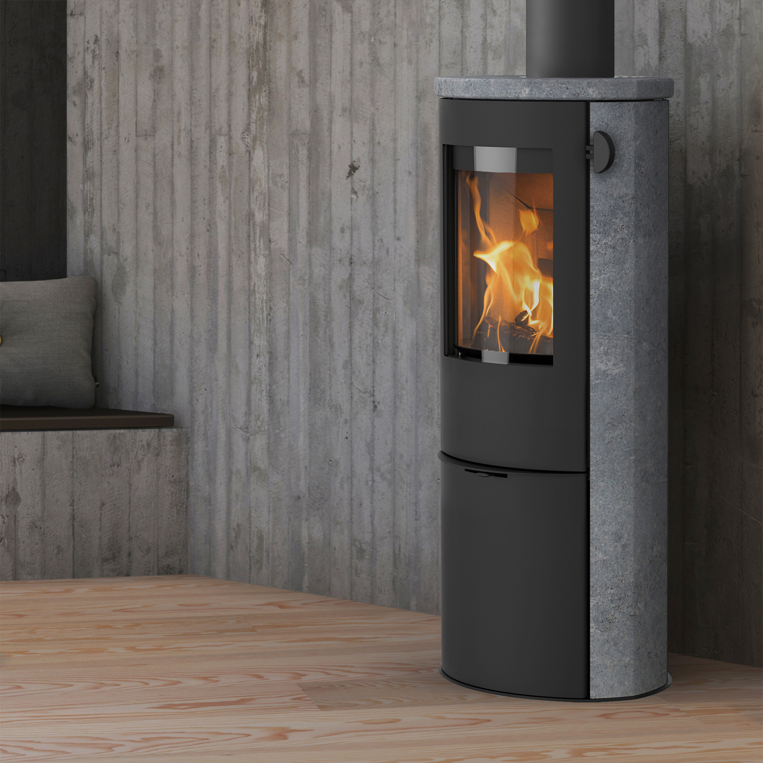 Poêle à bois Lotus Liva 6S en pierre ollaire, porte noire, évacuation des fumées par le haut