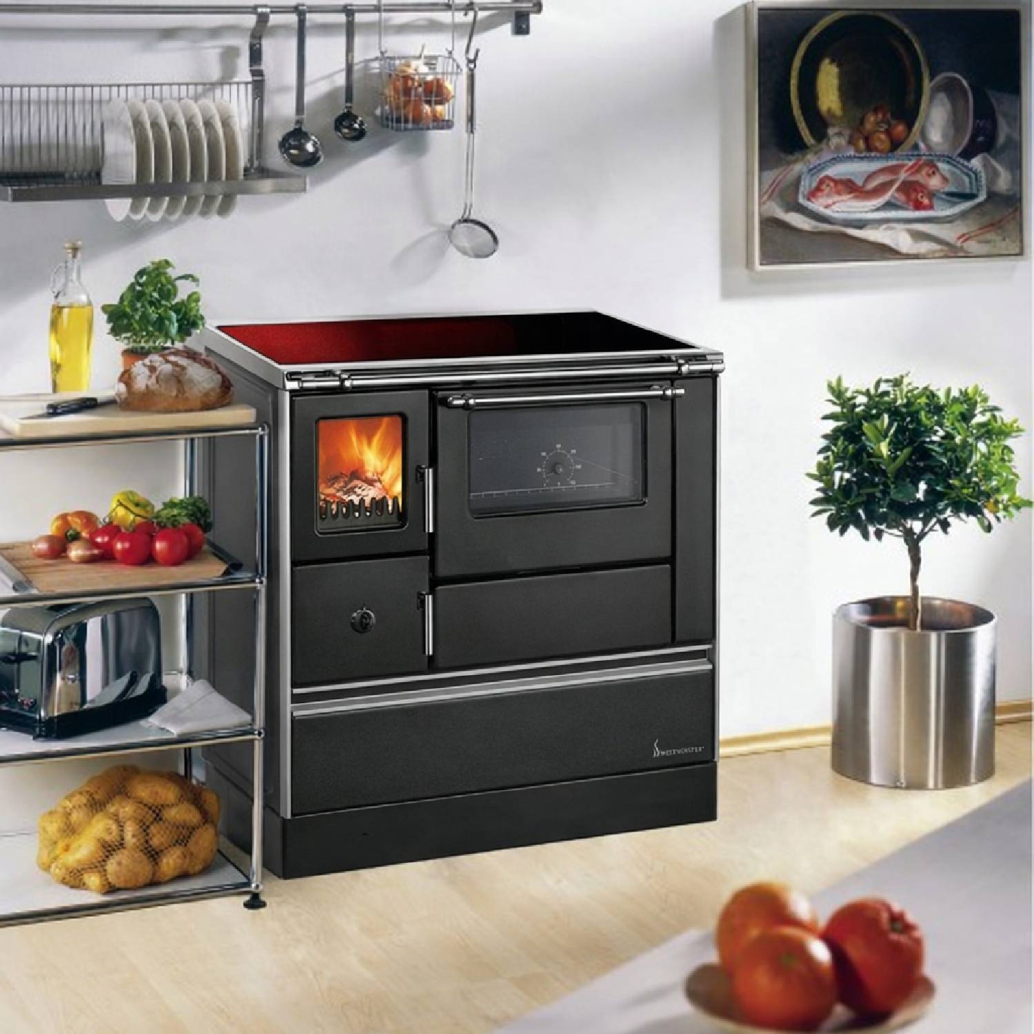 Westminster cuisinière à bois K 76F-90 table de cuisson vitrocéramique noir raccordement tuyaux à droite