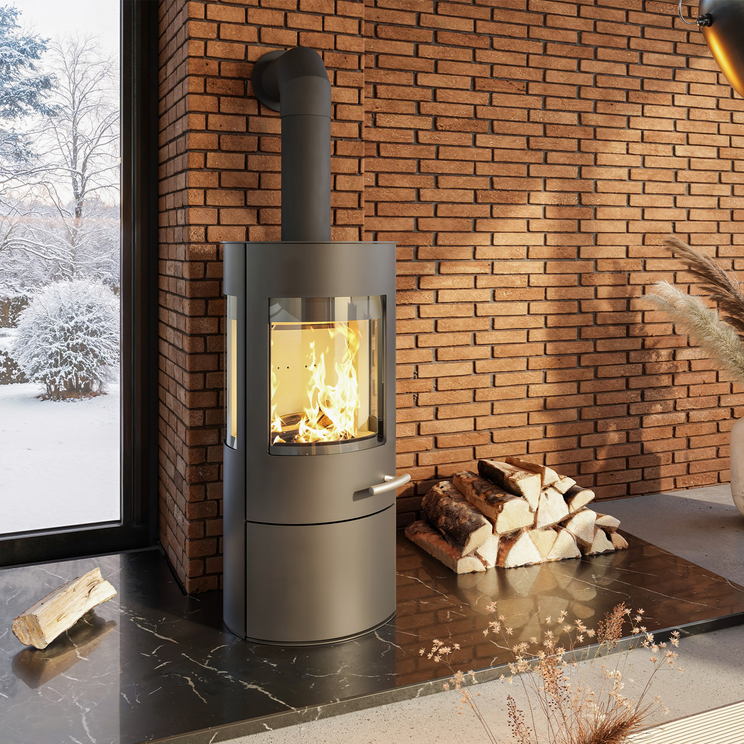 Haas+Sohn VITUS.l acier poêle à bois 3 vitres avec plaque de cuisson avec compartiment range-bûches et porte noir profond