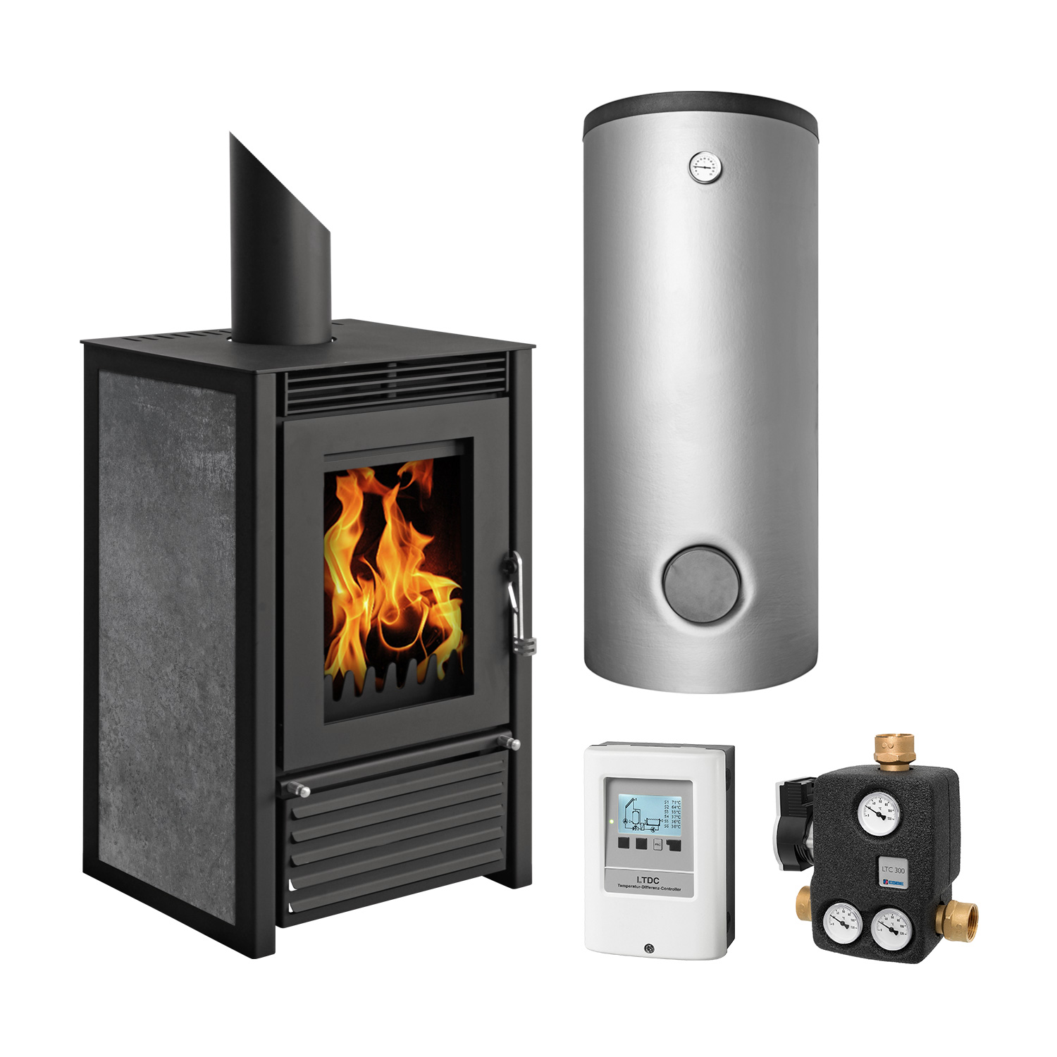 Schmitzker Marbella Compact Anthracite Poêle à bois bouilleur - Ensemble complet avec ballon tampon TPSM 300L