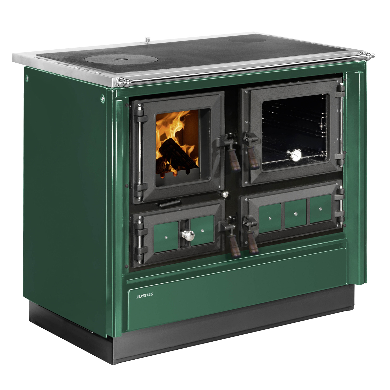 Justus Rustico-90 2.0 Poêle à bois en acier vert, four à droite