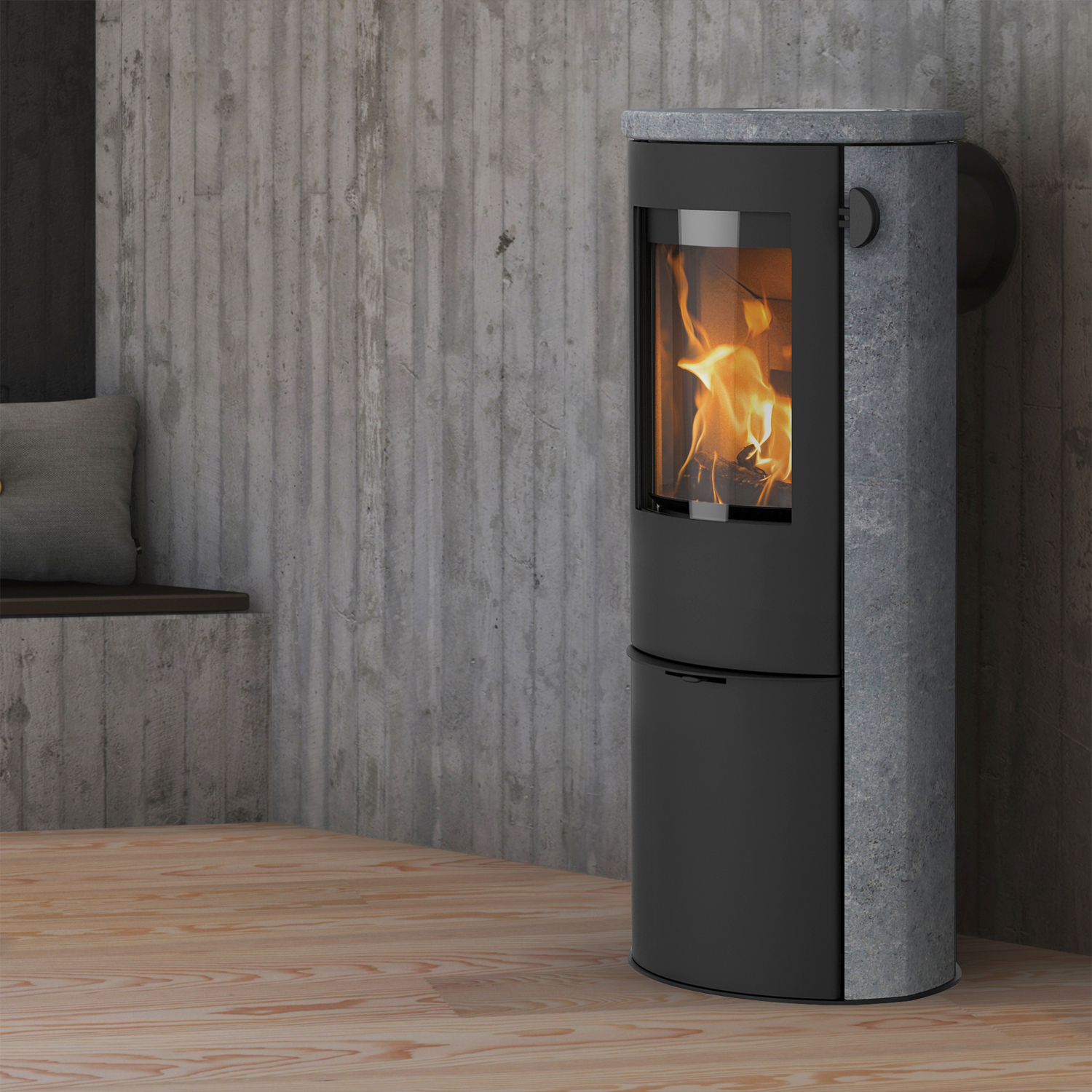 Poêle à bois Lotus Liva 6S en pierre ollaire, porte noire, sortie de fumée arrière