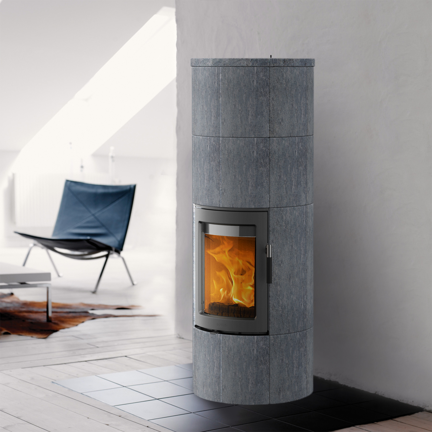 Poêle à bois Lotus Maestro 2 en stéatite, porte grise, sortie de fumée à l'arrière