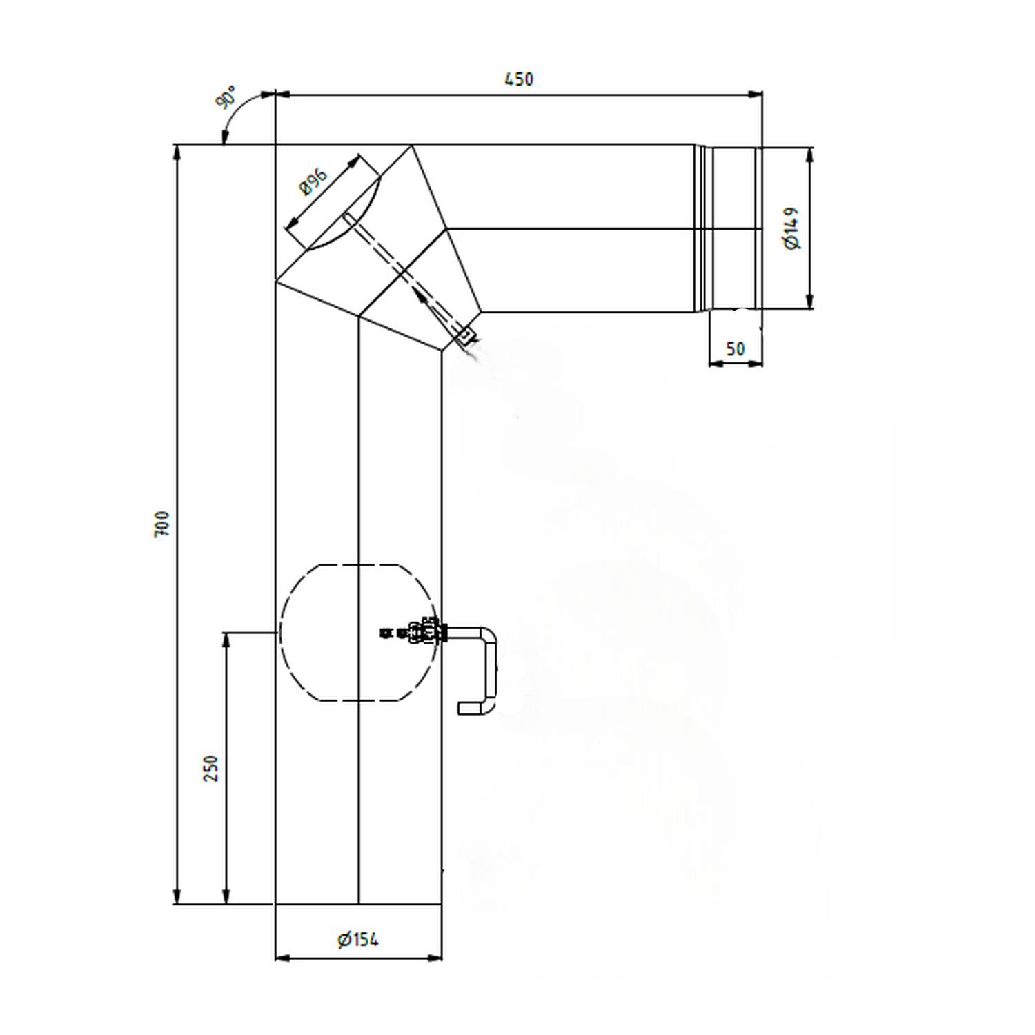 Raik coude LS diamètre 150/90° 2,00mm 3-pièces 700/450 avec porte intégrée avec modérateur de tirage noir