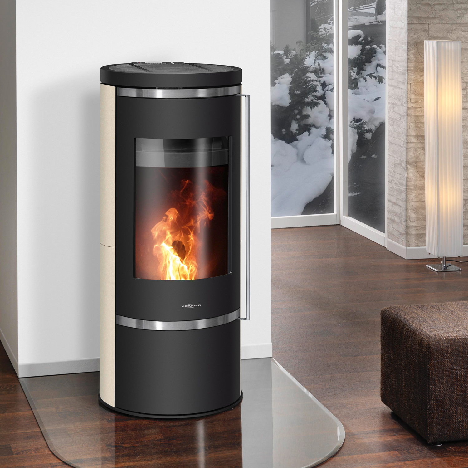 Oranier Carus Aqua 2.0 Poêle à granulés hydro en acier noir / pierre calcaire crème