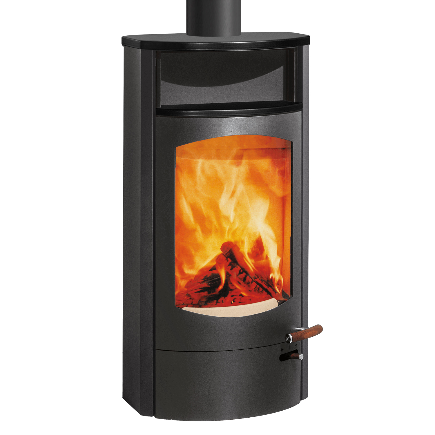 Austroflamm Koko 2.0 Poêle à bois en acier gris fonte, compartiment de maintien au chaud en céramique noir mat, plaque supérieure en céramique noir mat, RRA en haut