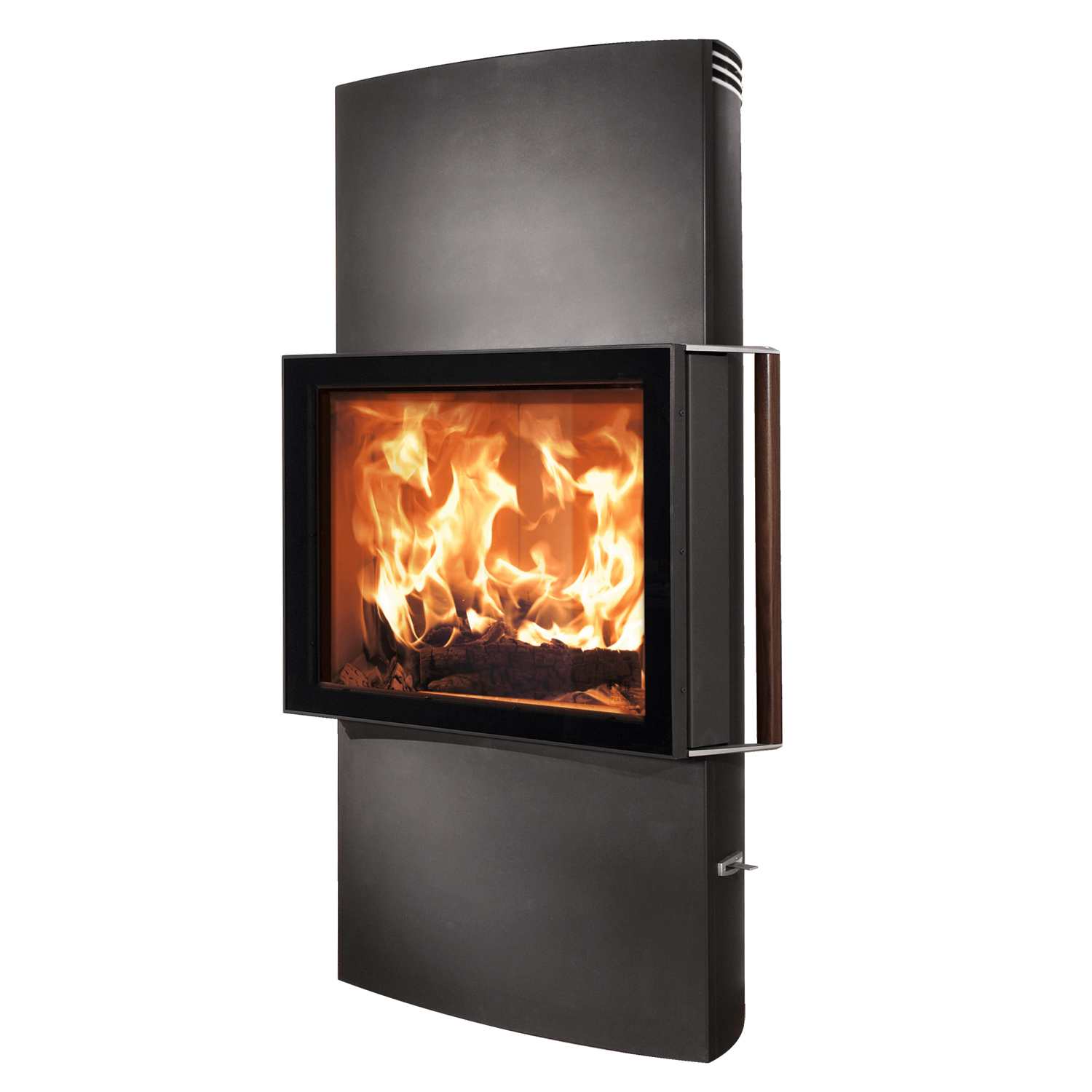 Austroflamm Lounge Xtra poêle à bois en acier gris fonte, raccordement de fumée par le haut ou à l'arrière.