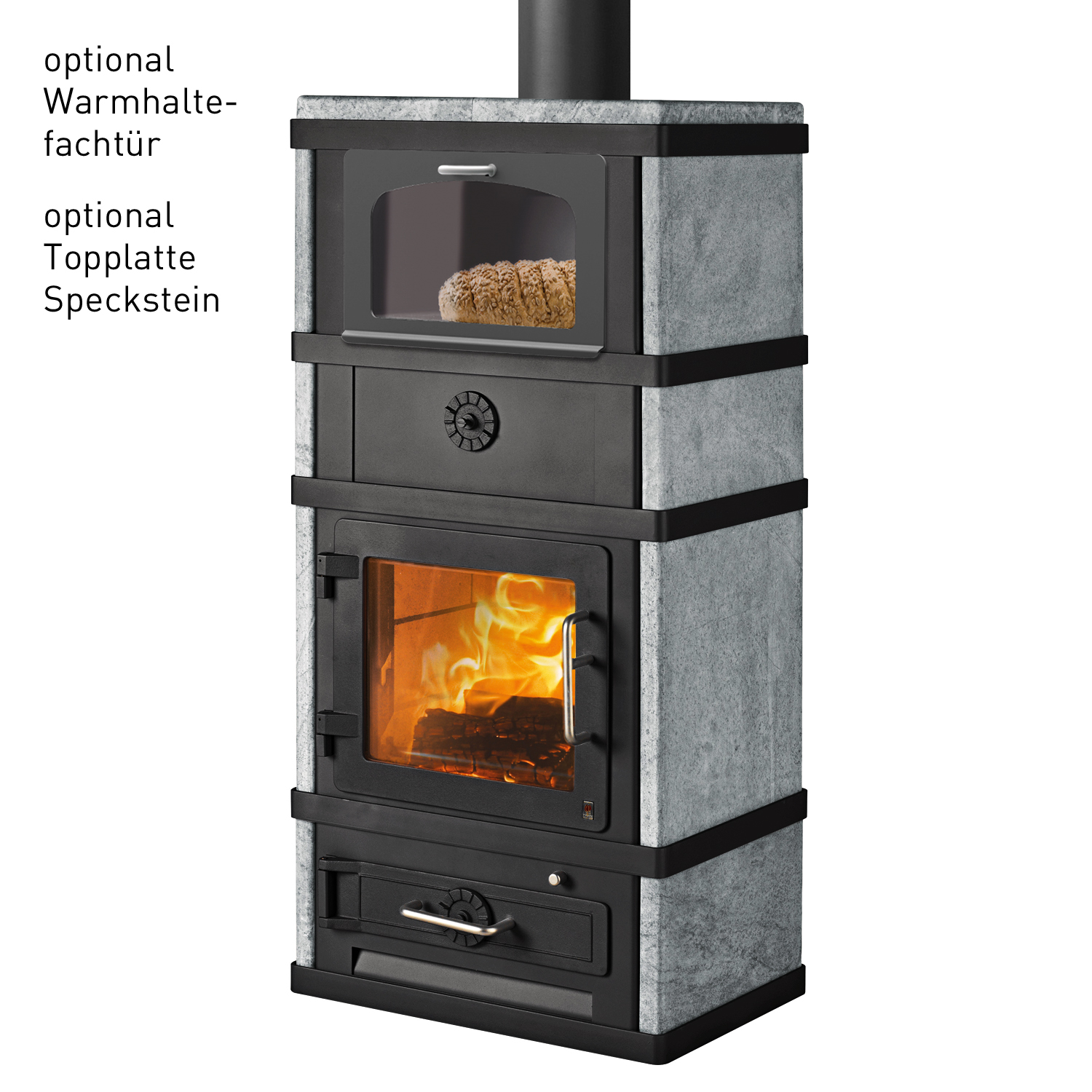 Poêle à bois Lotus 2080 avec compartiment de maintien au chaud, noir, sortie de fumée par le haut.