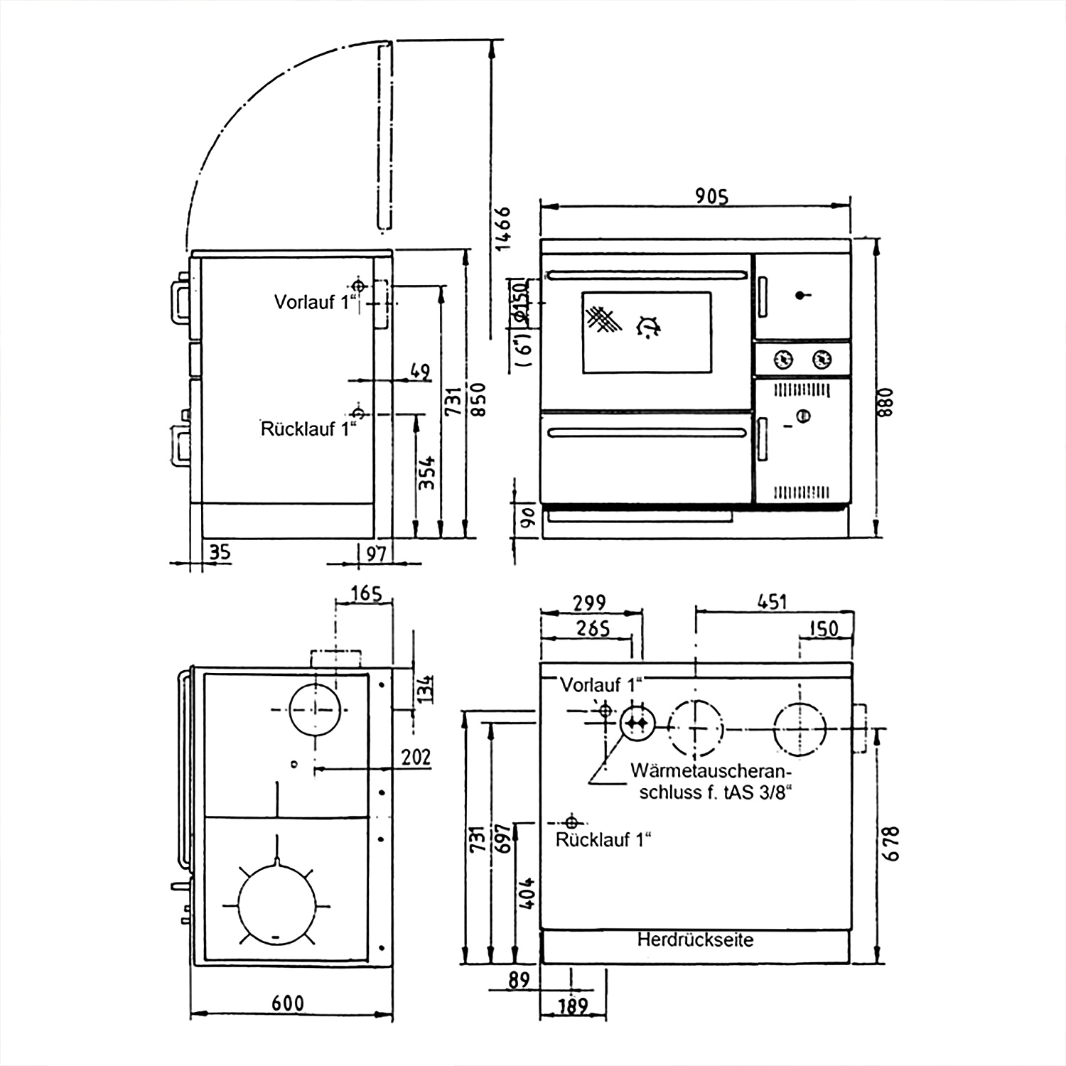 Wamsler K 148 Poêle de cuisine à eau Noir/Mat, Tuyau de fumée à gauche
