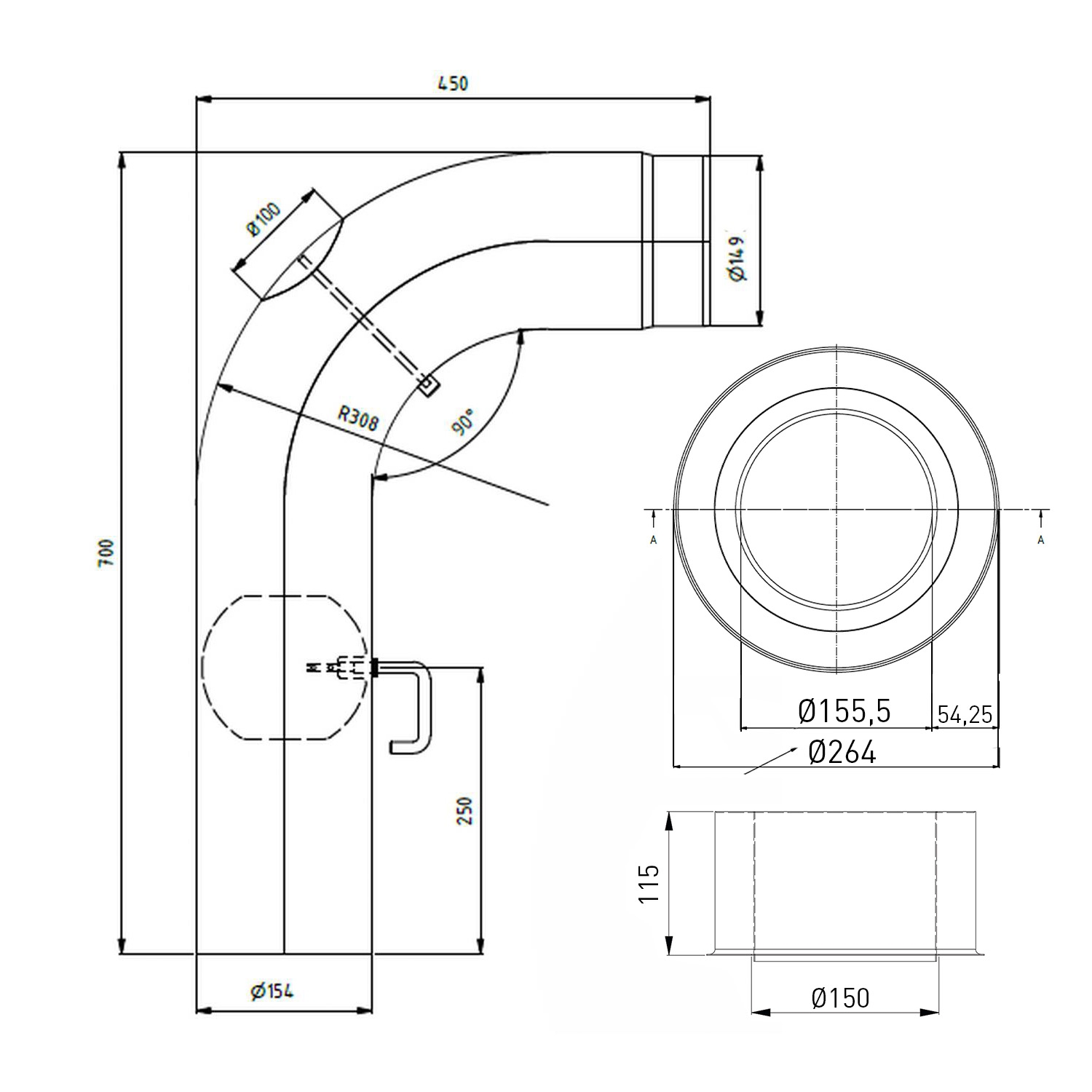 Raik Set WBG LS diamètre 150/90° 2,00mm lisse 700/450 avec porte intégrée avec modérateur de tirage noir