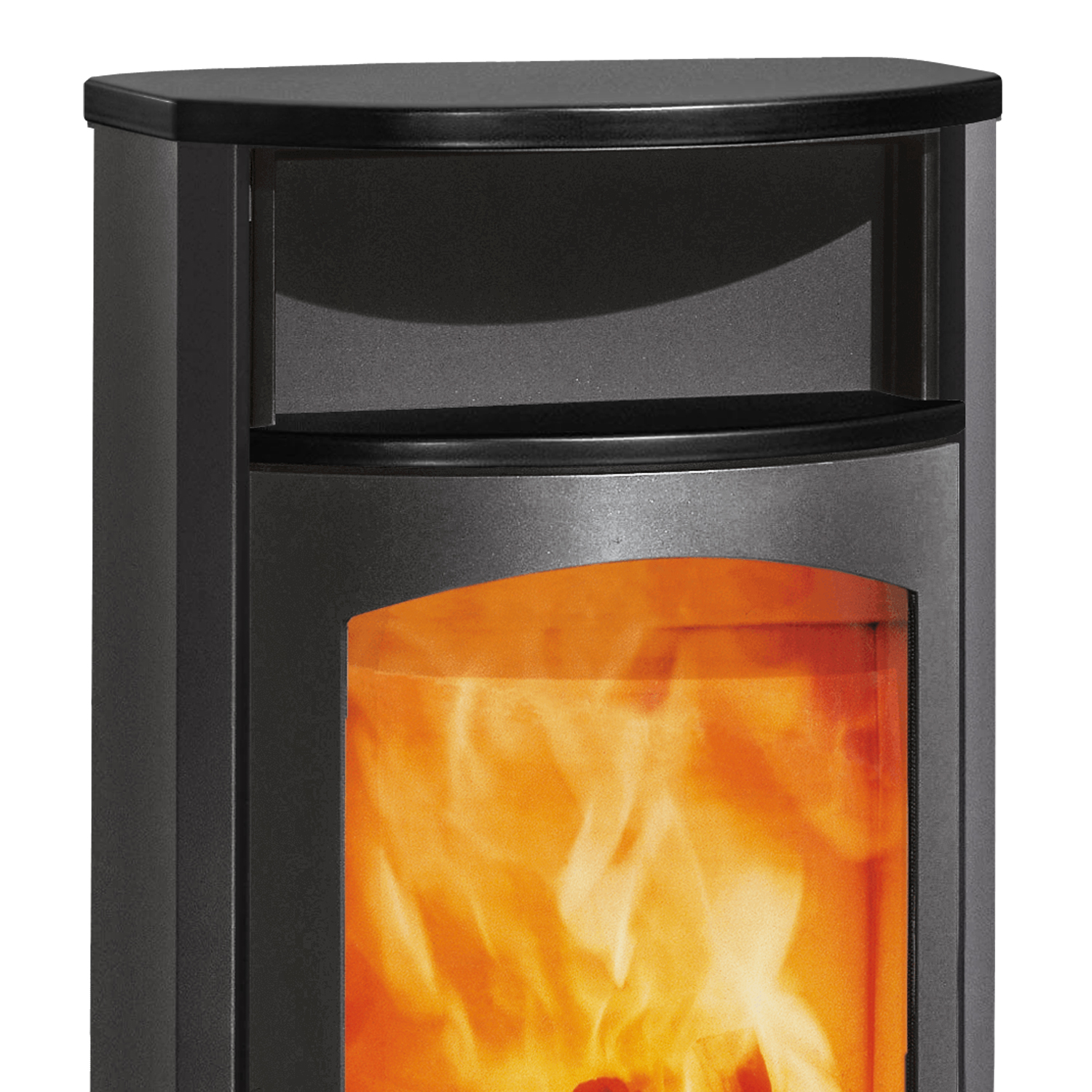 Austroflamm Koko 2.0 Poêle à bois en acier gris fonte, compartiment de maintien au chaud en céramique noir mat, plaque supérieure en céramique noir mat, sortie de fumée arrière.