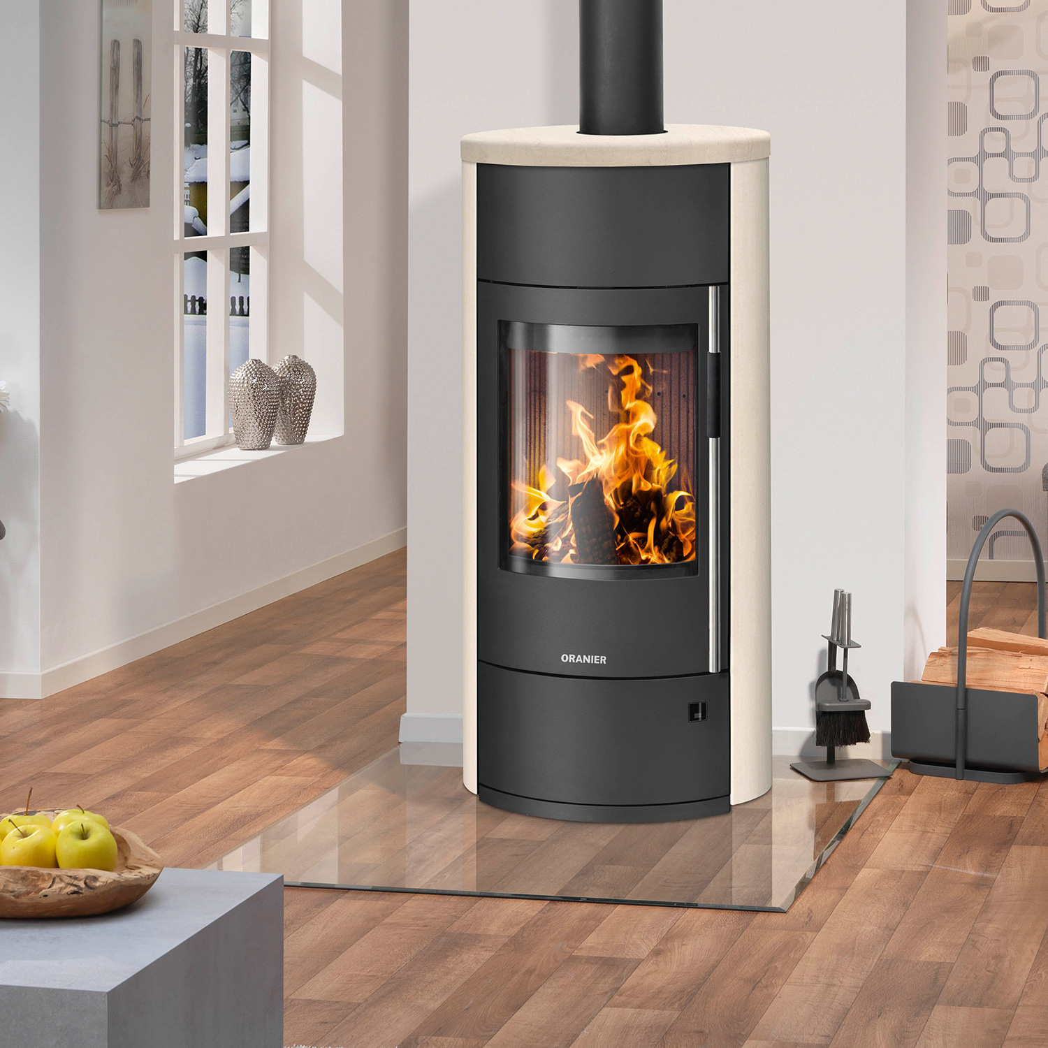 Oranier Polar Neo Vantage W+ Poêle à bois Acier Noir / Pierre calcaire Crème